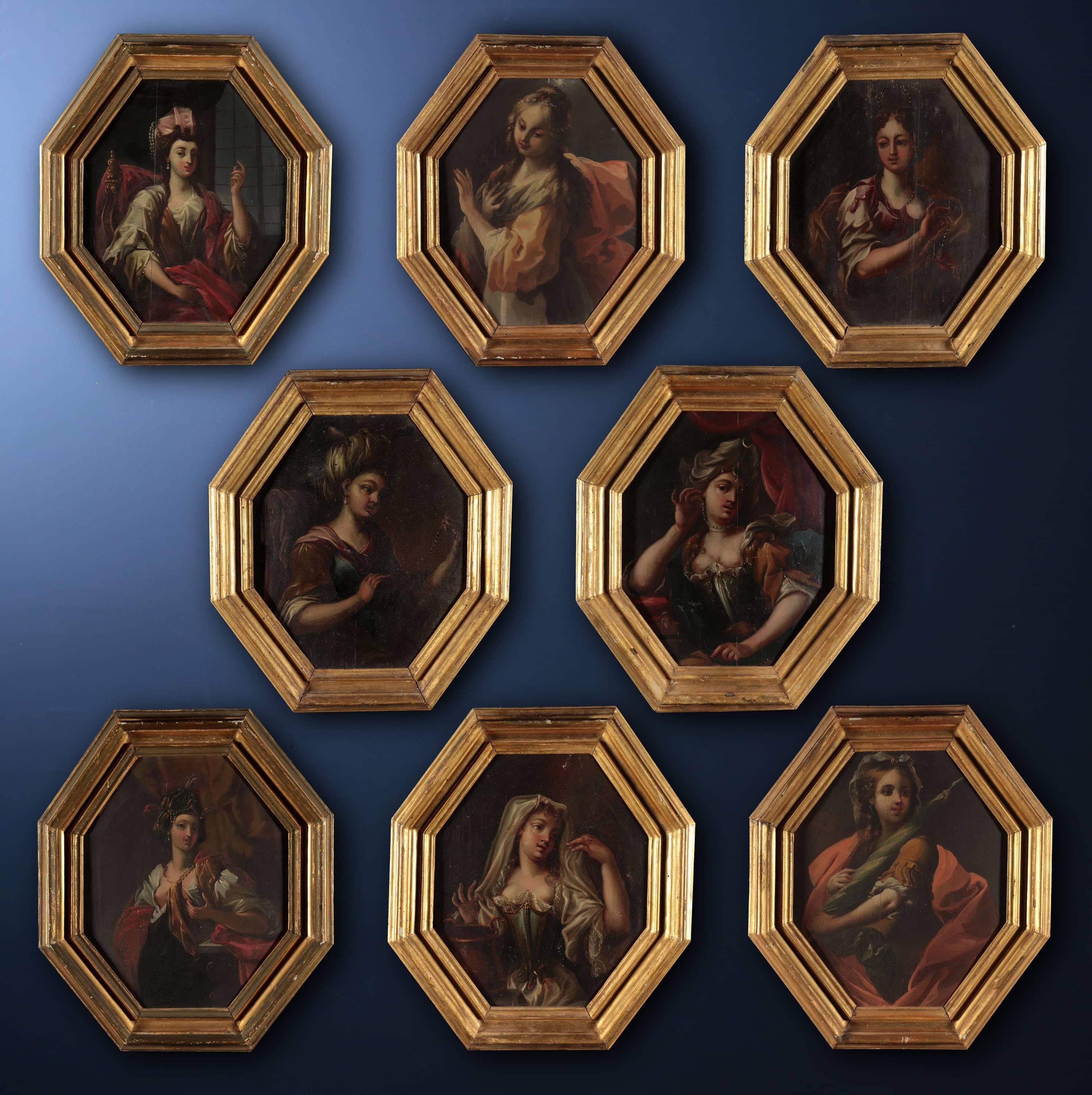 Oil on gattice wood in octagon. Il gruppo di otto dipinti in oggetto (figg. 1-8) rappresenta, nel classico formato fiorentino dell’ottagono, una serie di effigi femminili a mezza figura. 

Più precisamente, si tratta di giovani fanciulle
