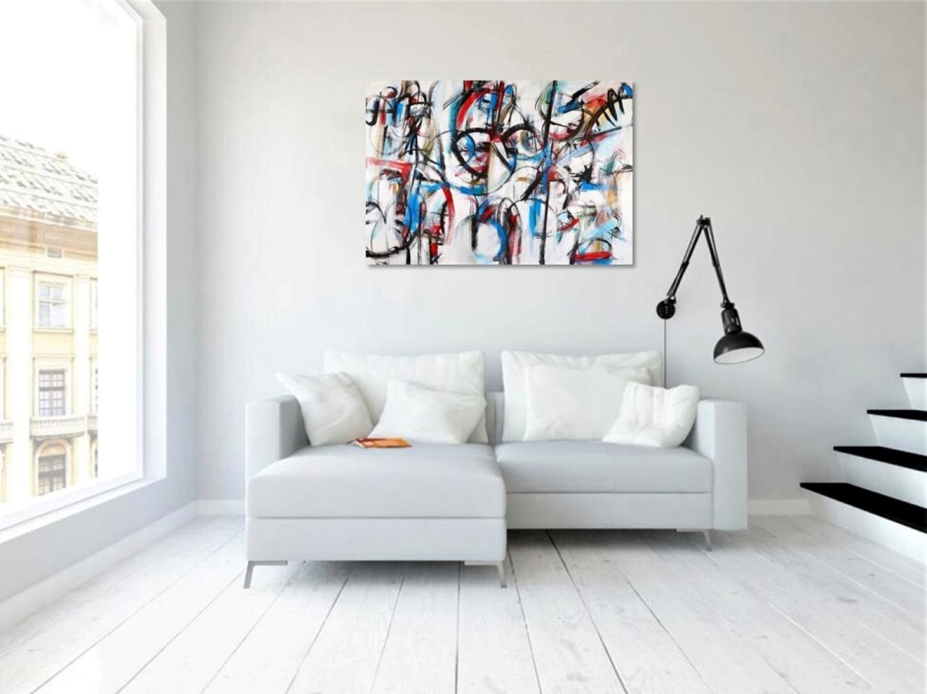 „Antifona“ abstraktes italienisches Gemälde auf Leinwand mit Musikrhythmus und Energie in Rot und Blau (Grau), Abstract Painting, von Francesco D'adamo