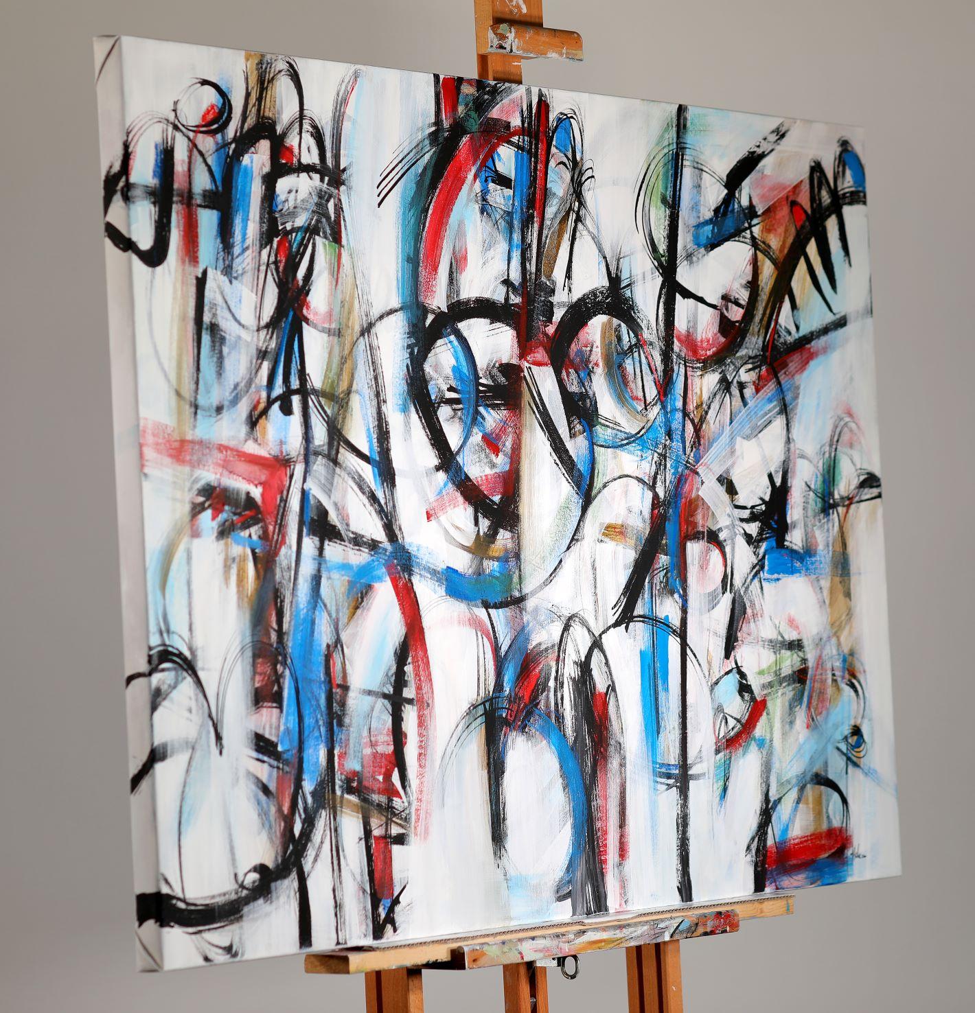 „Antifona“ abstraktes italienisches Gemälde auf Leinwand mit Musikrhythmus und Energie in Rot und Blau im Angebot 1