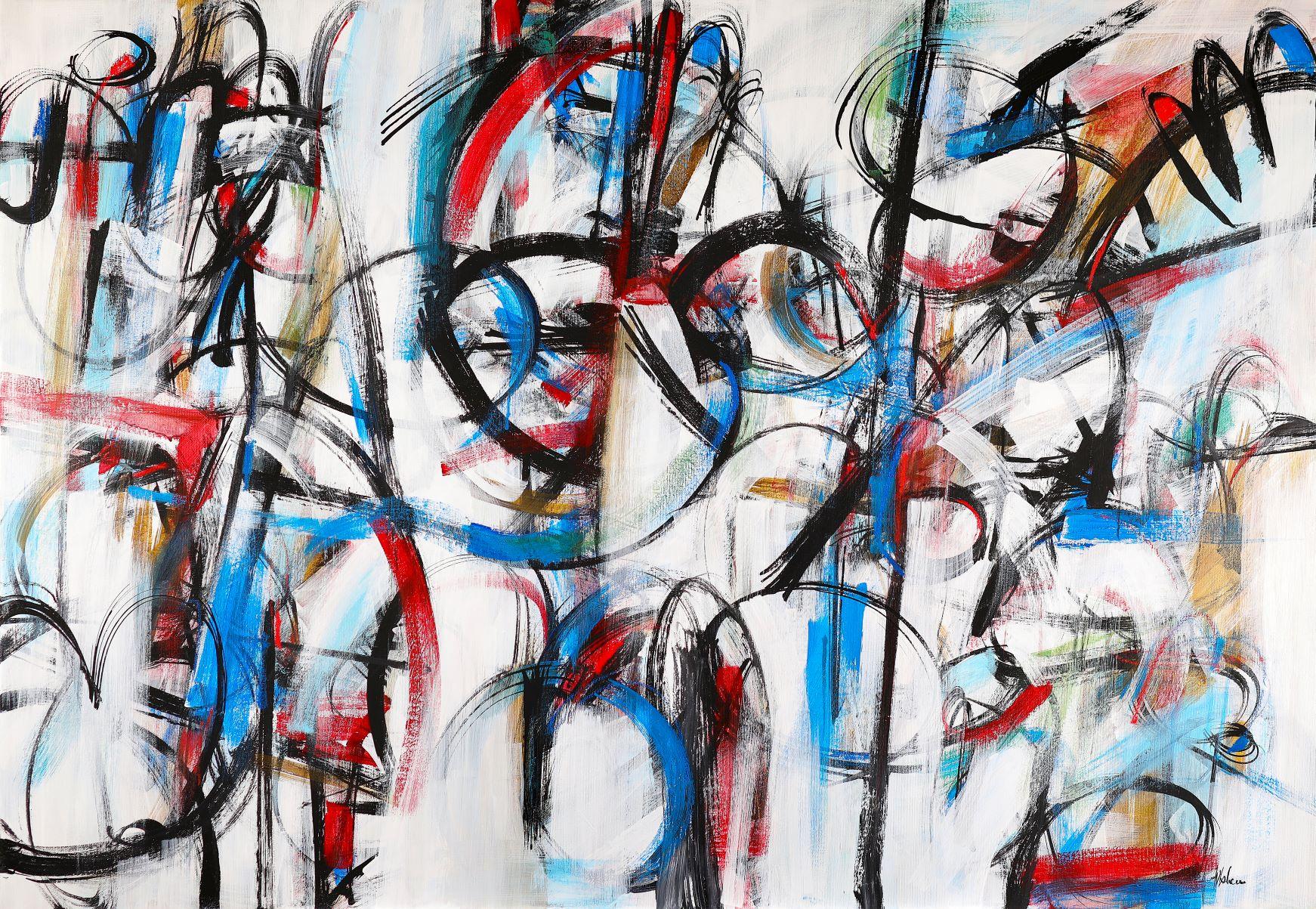 Abstract Painting Francesco D'adamo - « Antifona », toile abstraite italienne, rythme musical, énergie rock, rouge et bleu