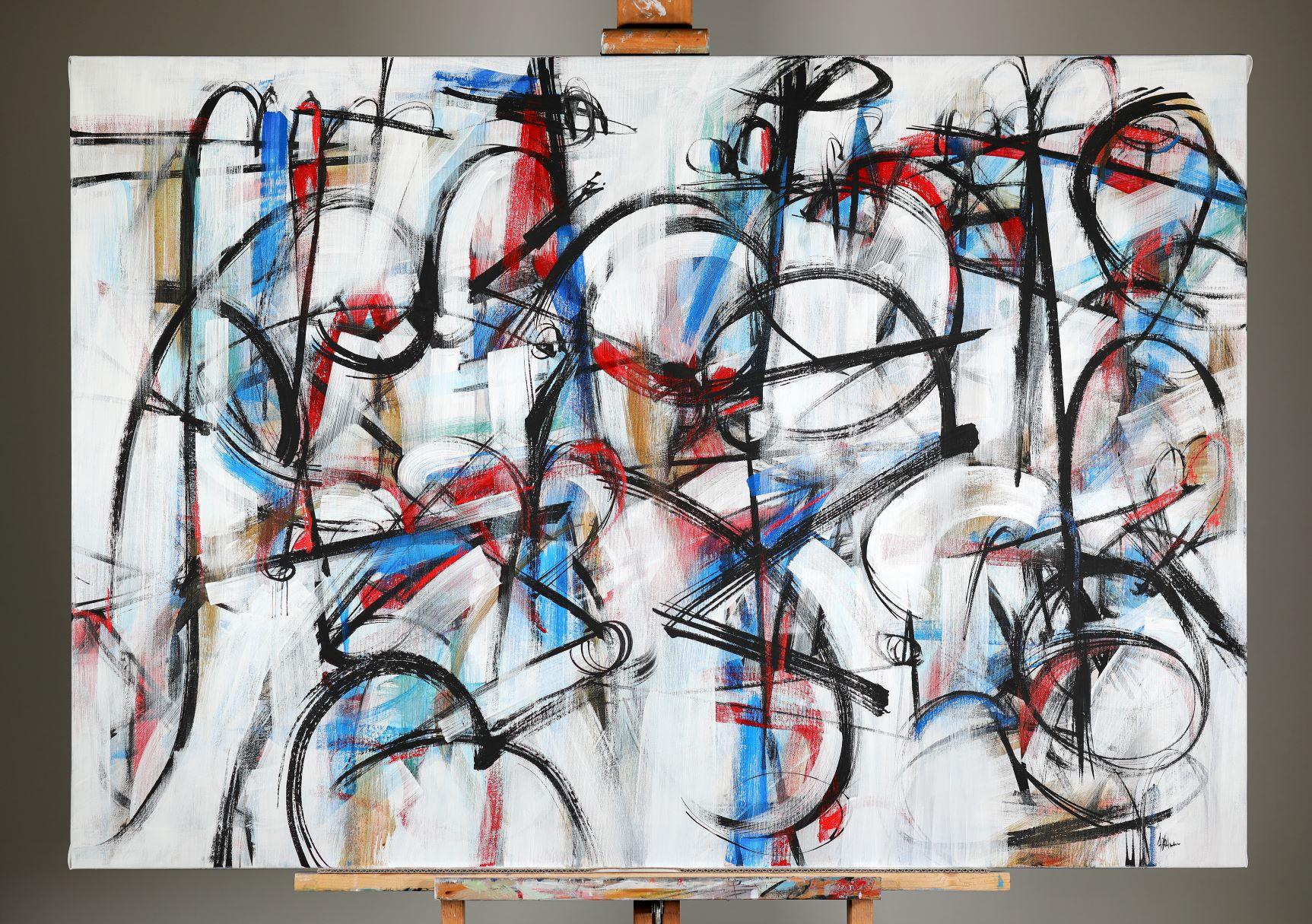 « Crescendo », toile abstraite italienne, rythme musical, énergie rock, bleu et rouge en vente 2