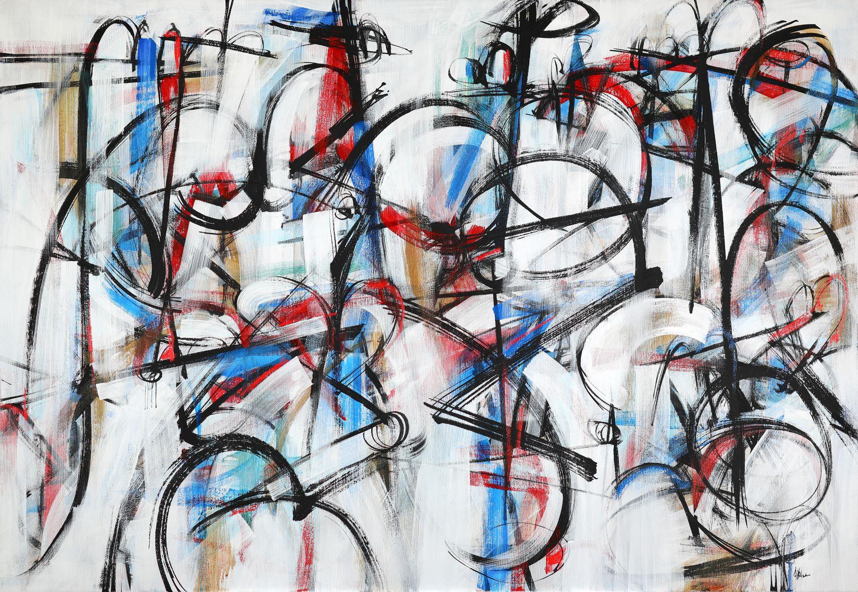 « Crescendo », toile abstraite italienne, rythme musical, énergie rock, bleu et rouge en vente 3