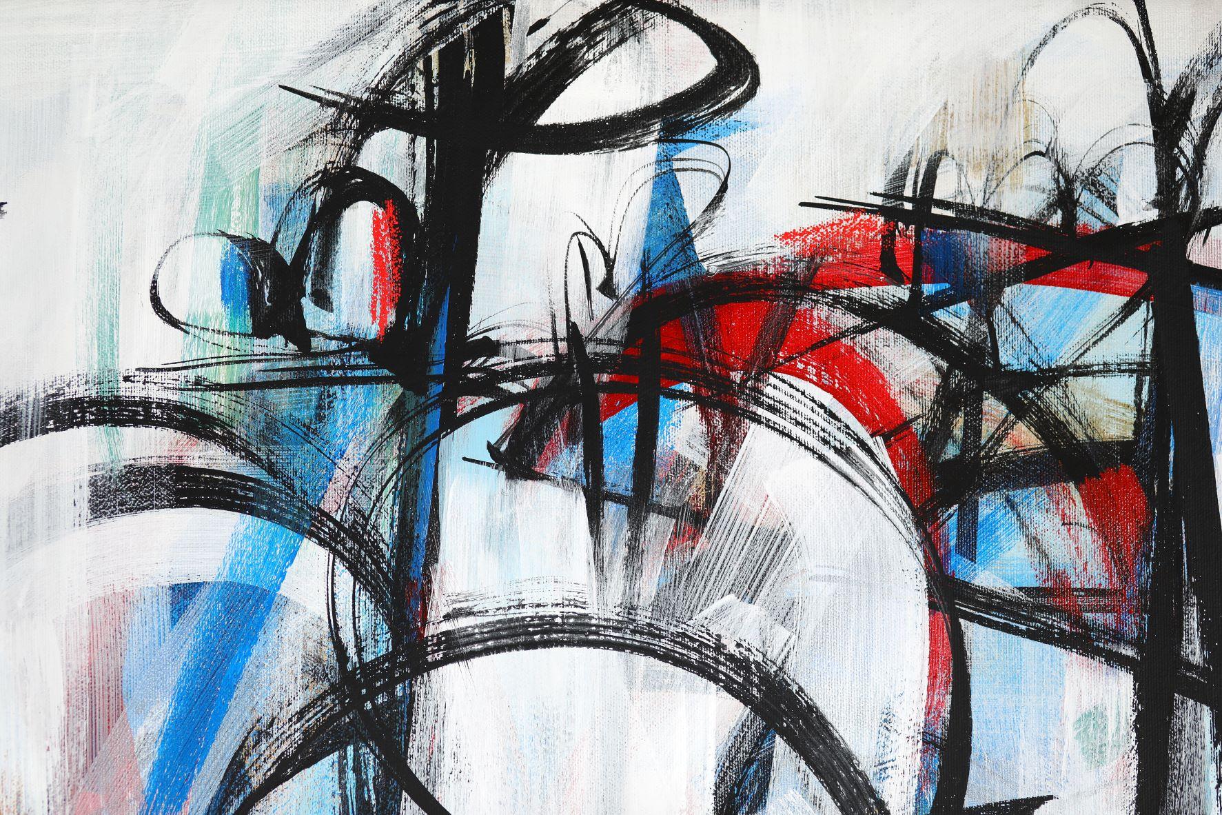 « Crescendo », toile abstraite italienne, rythme musical, énergie rock, bleu et rouge en vente 5
