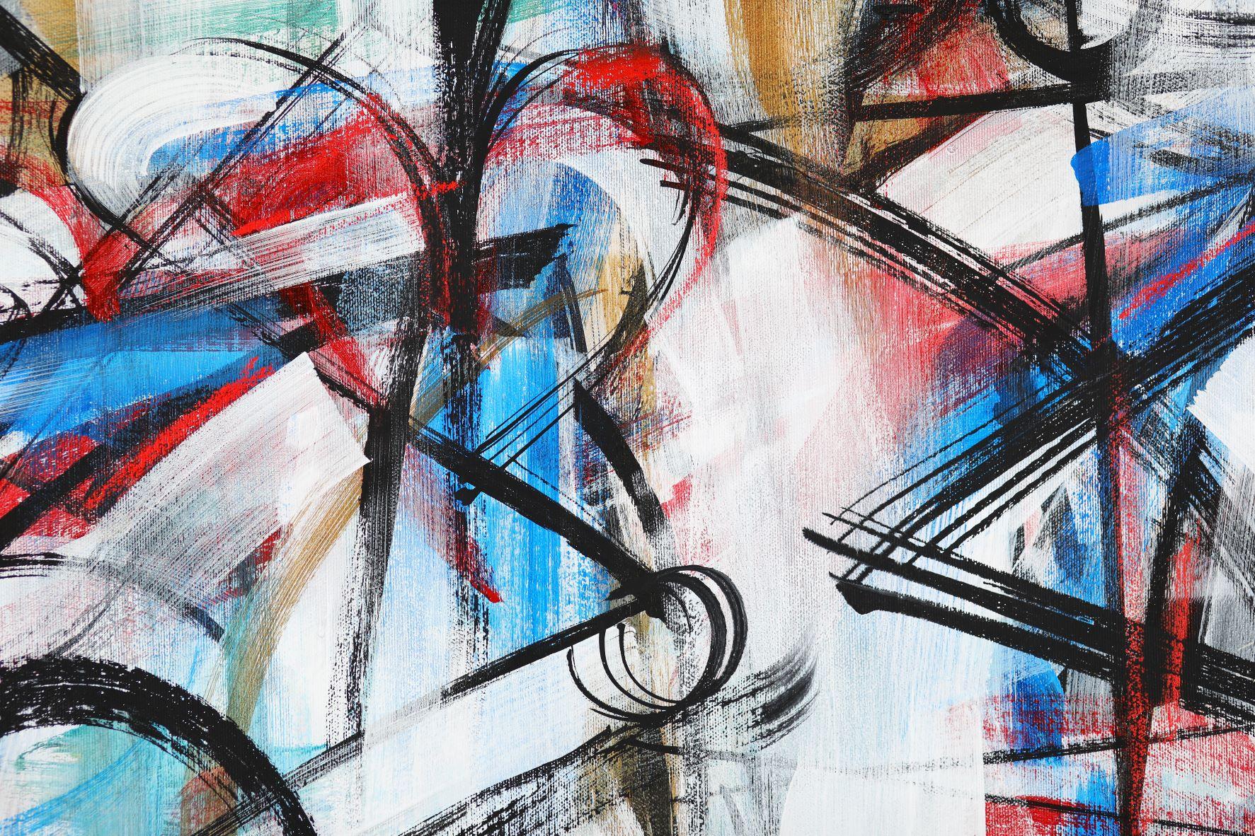 « Crescendo », toile abstraite italienne, rythme musical, énergie rock, bleu et rouge en vente 6