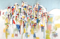 "Playground" abstract mixed media canvas Italian painting azure happy feelings 