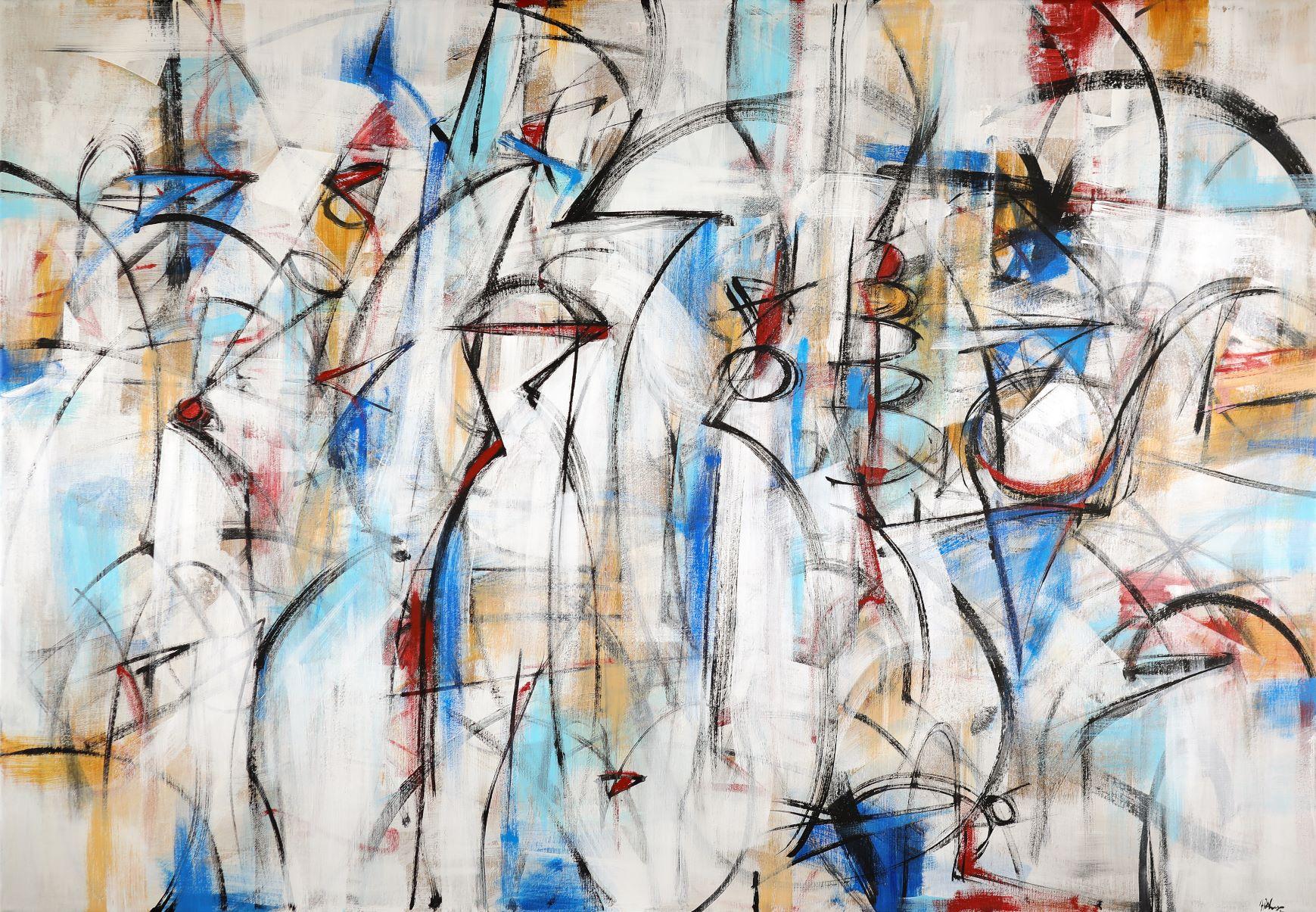 "Volta" abstract mixed media on canvas Italian painting musical rhythm blue red - Mixed Media Art by Francesco D'adamo