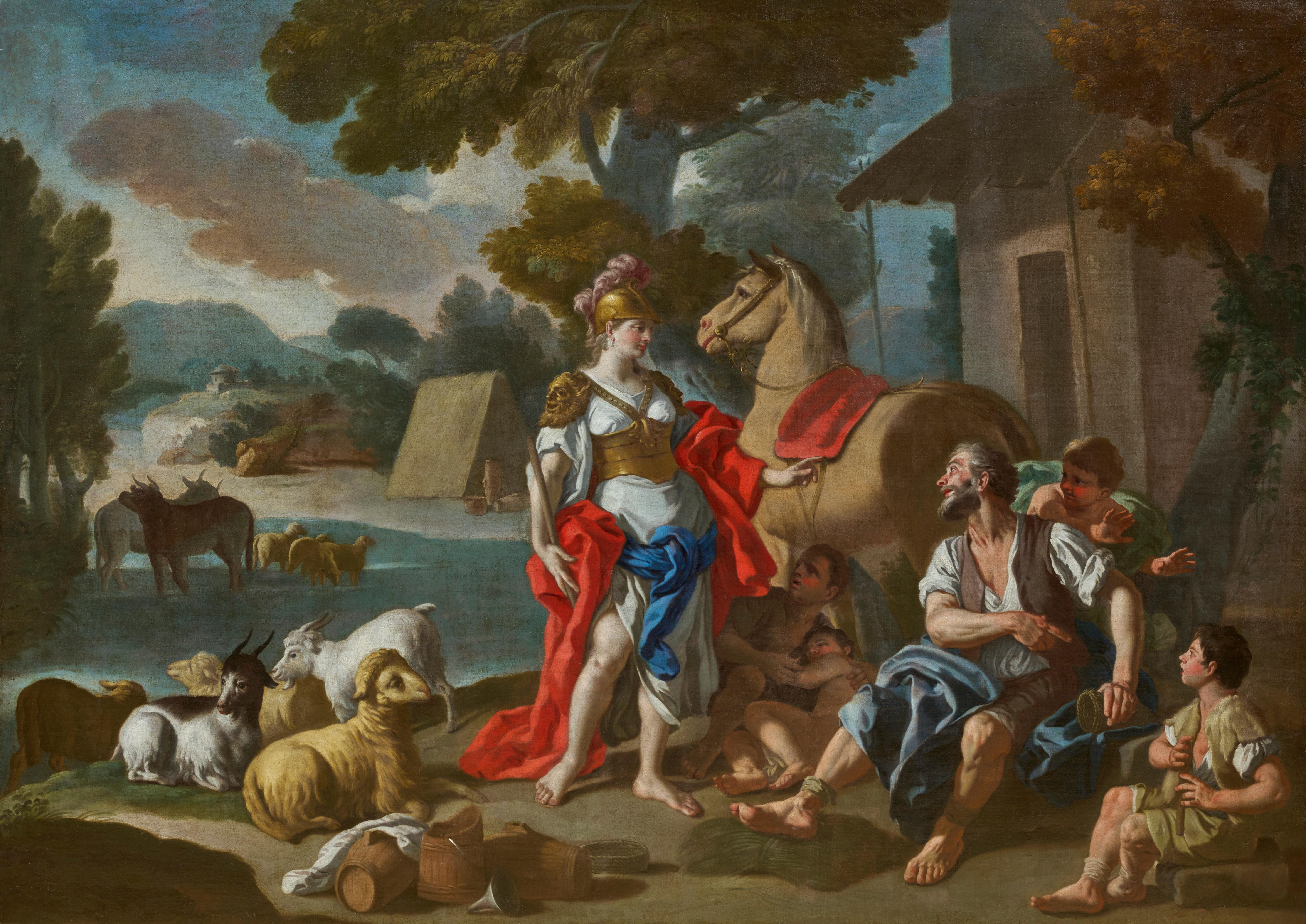 In this masterly painting, Francesco de Mura presents the meeting of Herminia and the shepherds, a famous episode taken from the seventh canto of Torquato Tasso's Jerusalem Delivered. The artist is offering us a synthesis of the chromatic seductions