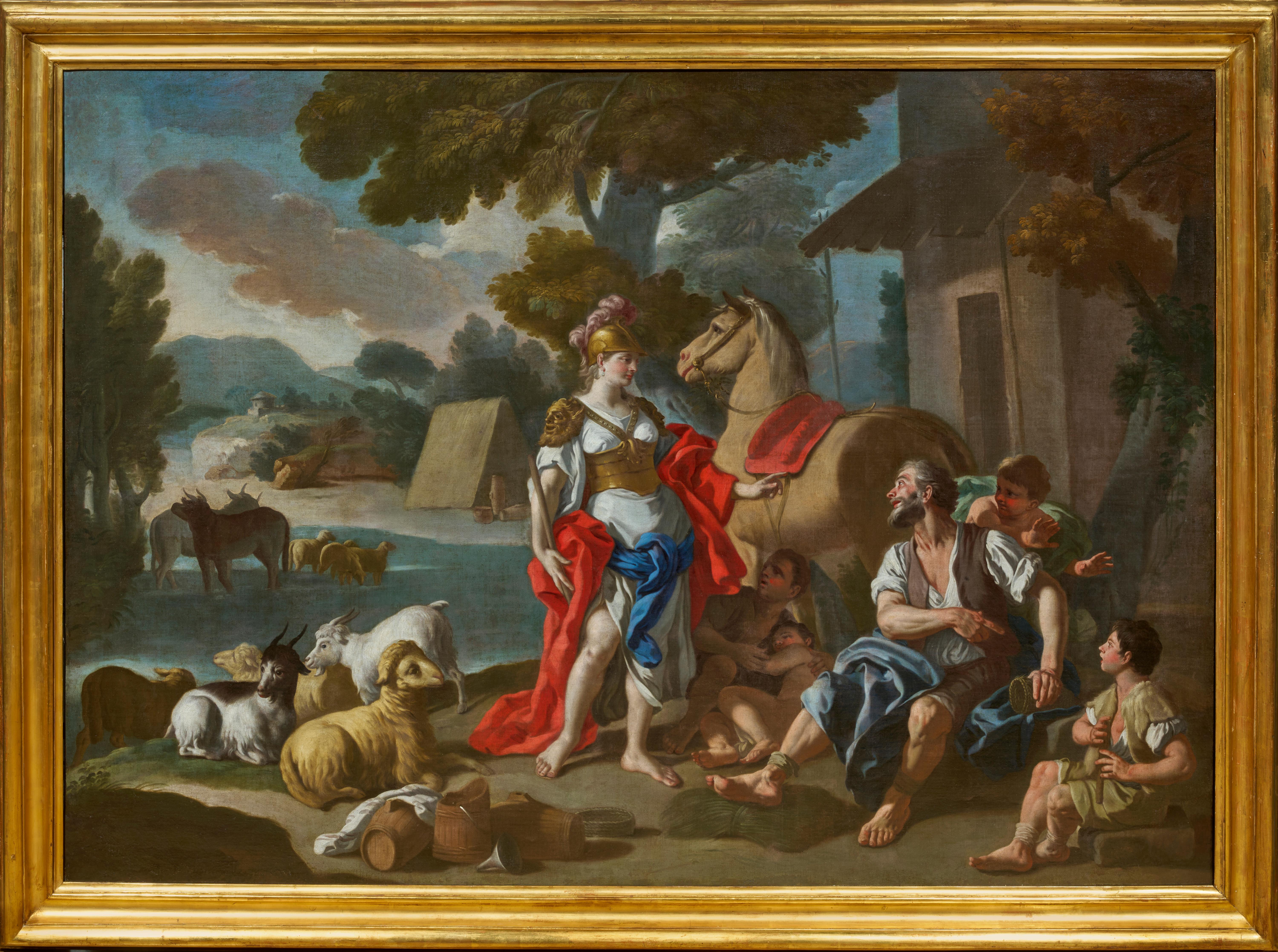 In diesem meisterhaften Gemälde stellt Francesco de Mura die Begegnung von Herminia und den Hirten dar, eine berühmte Episode aus dem siebten Gesang von Torquato Tassos Jerusalem Delivered. Der Künstler bietet uns eine Synthese der chromatischen