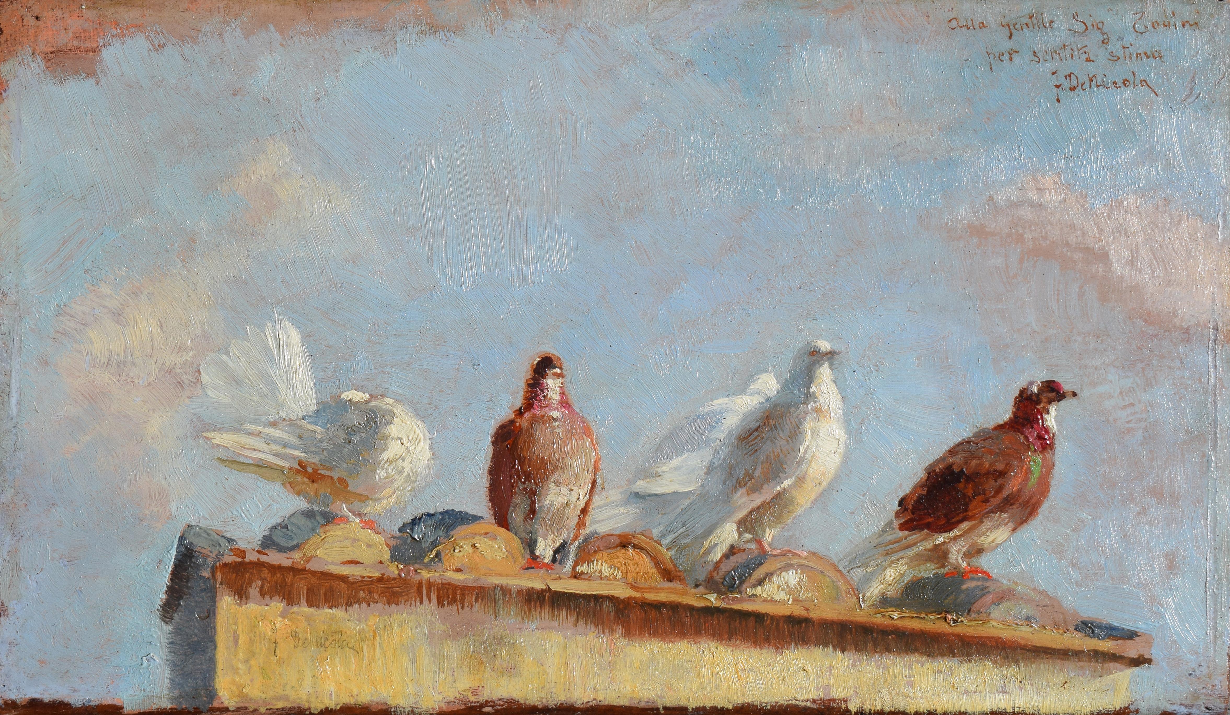 Francesco De Nicola Animal Painting - Piccioni sul tetto