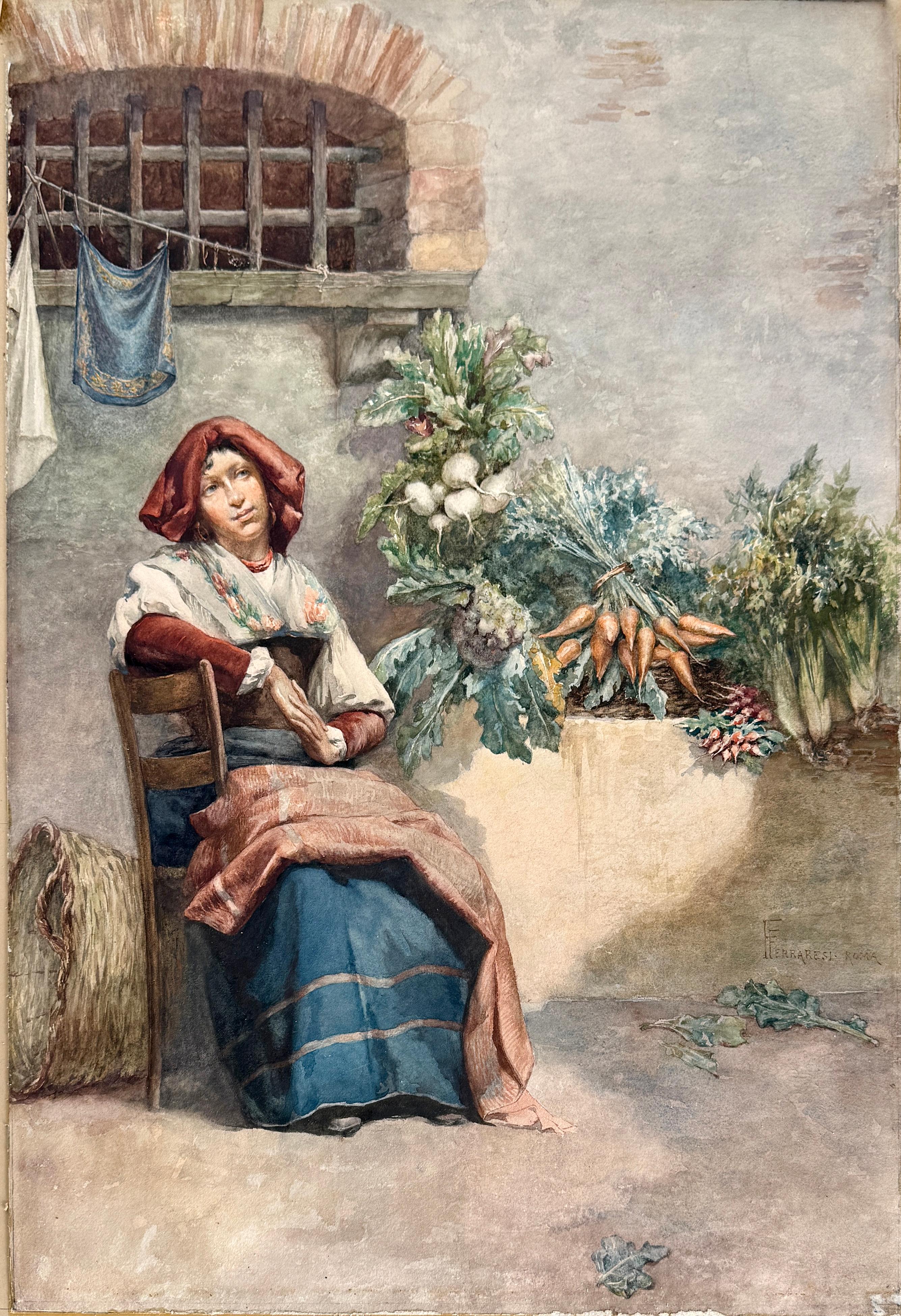 Giovane donna che vende verdure Roma Francesco Ferraresi Acquerello originale in vendita 1
