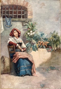 Young Woman The Vegetable Seller Roma Francesco Ferraresi Original watercolor