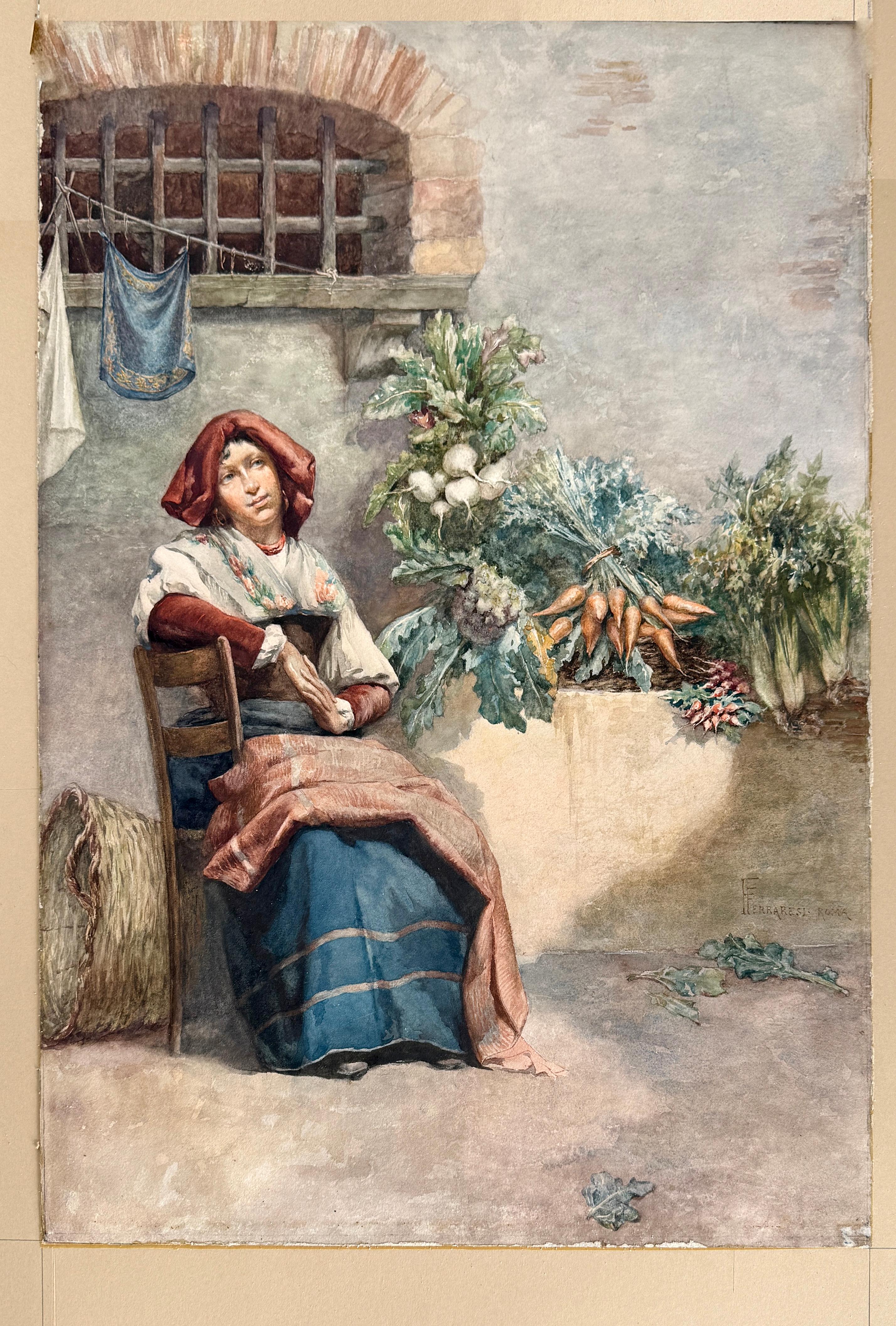 Giovane donna che vende verdure Roma Francesco Ferraresi Acquerello originale in vendita 2