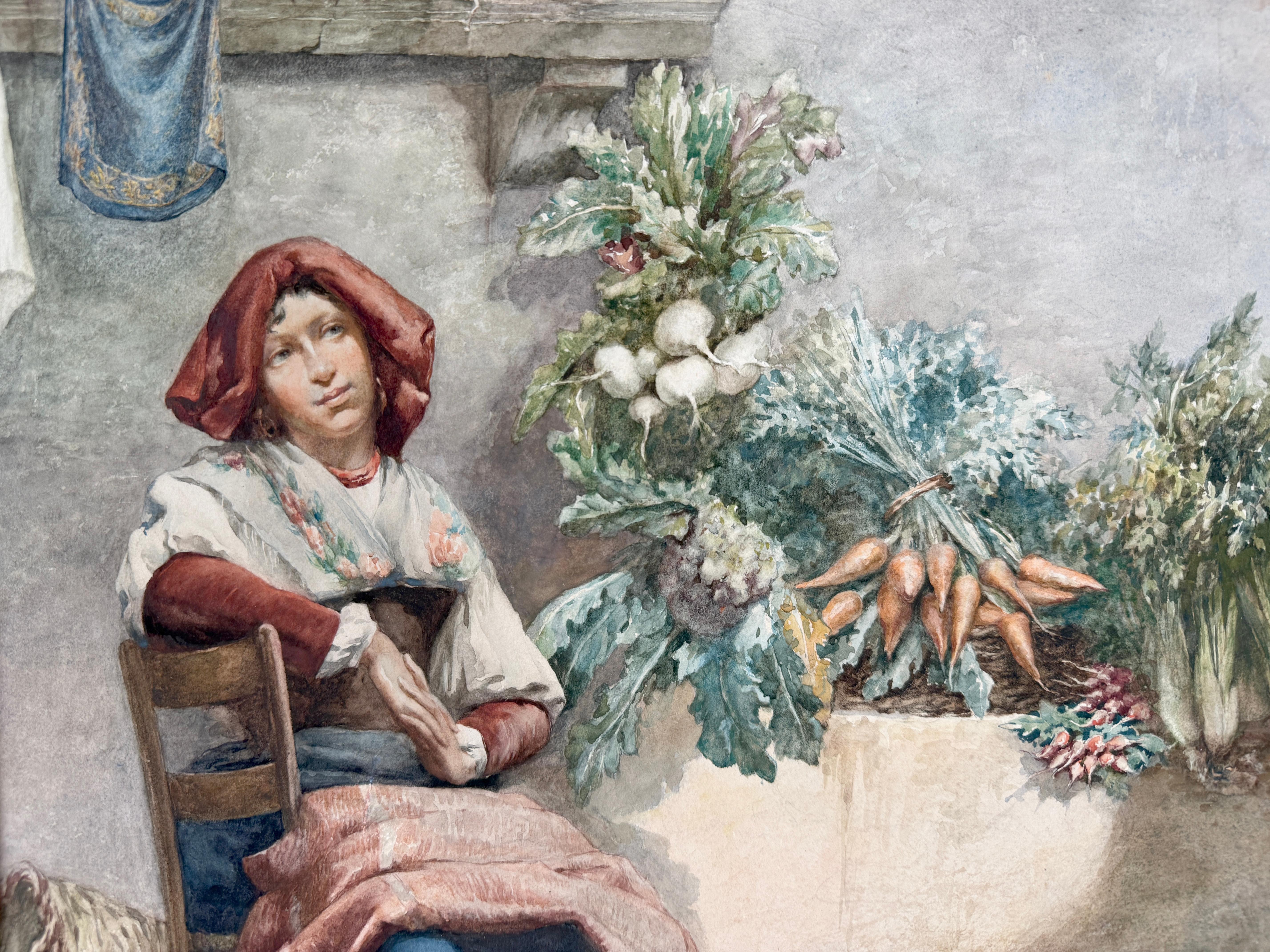 Giovane donna che vende verdure Roma Francesco Ferraresi Acquerello originale in vendita 3