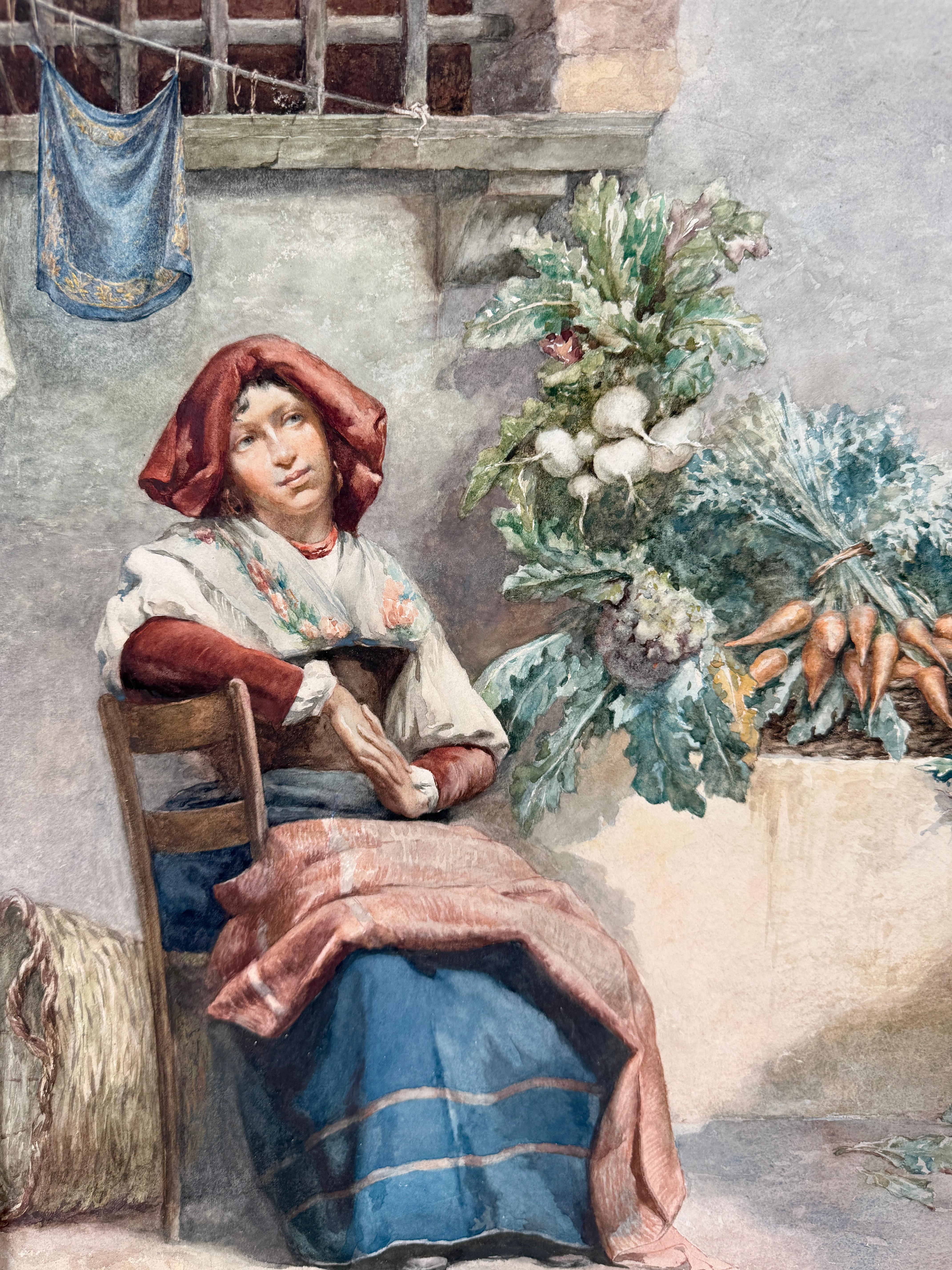 Giovane donna che vende verdure Roma Francesco Ferraresi Acquerello originale in vendita 4