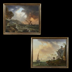 18th Century Seascapes Francesco Fidanza Landscape Waves Sun oil on Canvas Blue