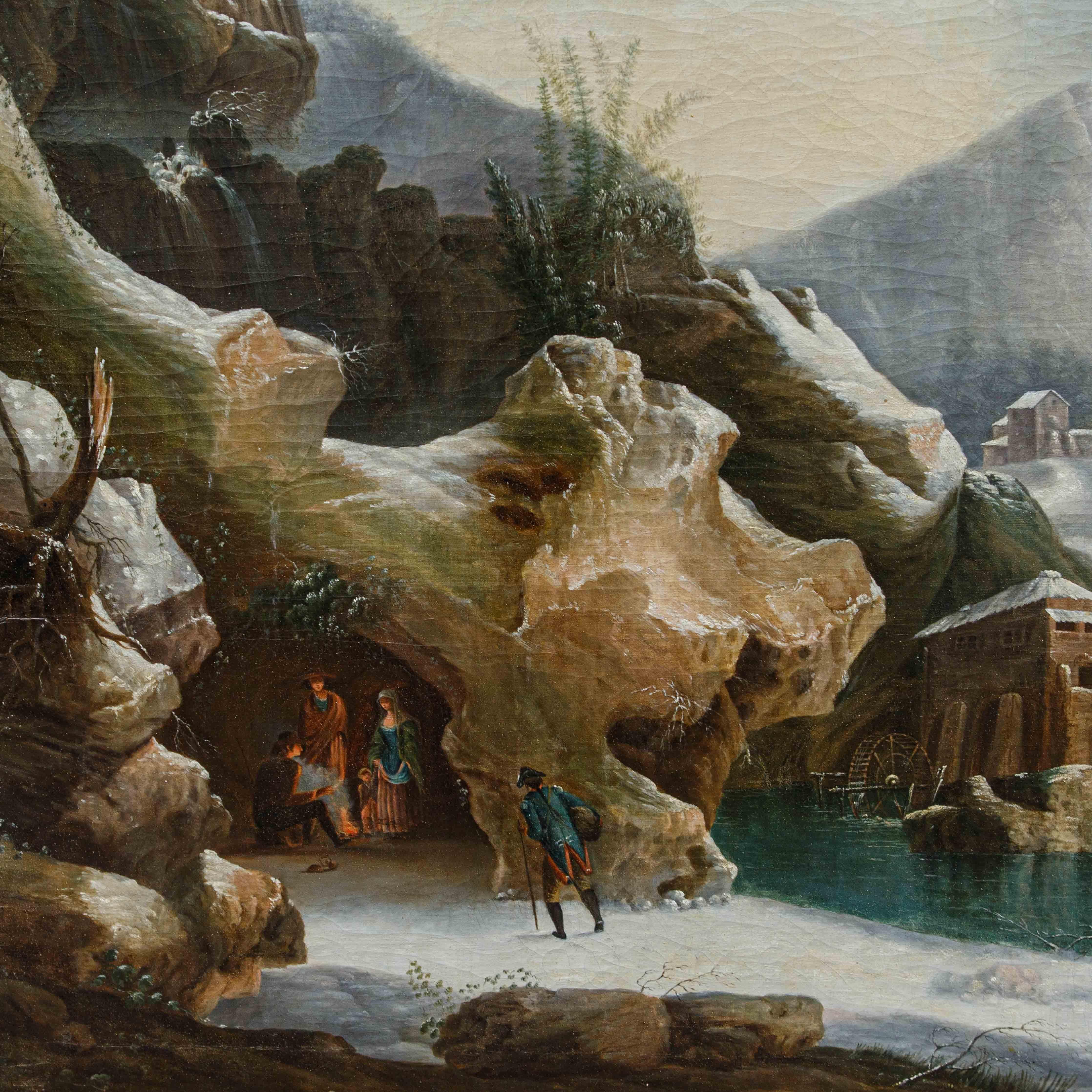 Fantastique vue hivernale peinte par Francesco Foschi - Brown Landscape Painting par  Francesco Foschi (ancona, 1710 - Rome, 1780) 