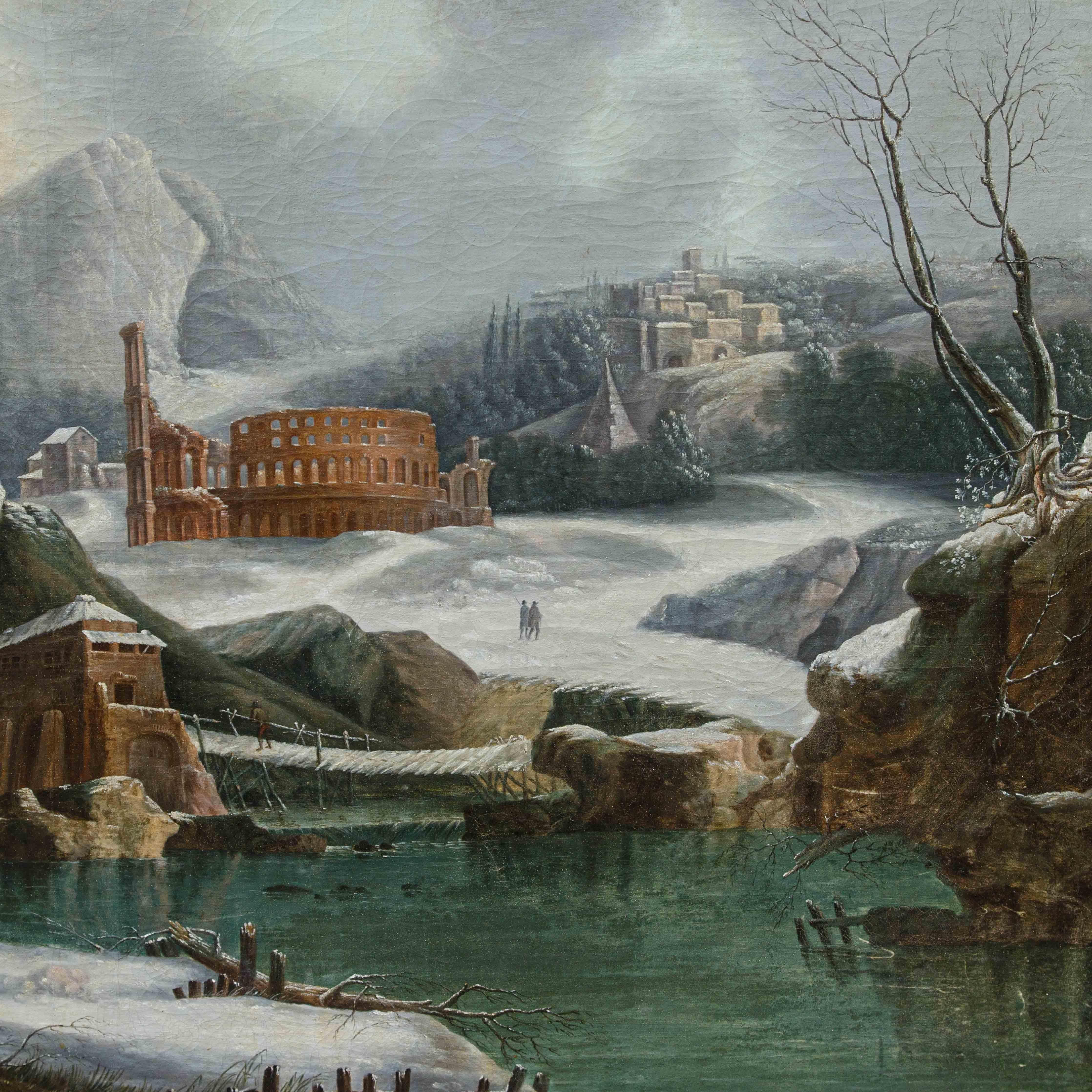 Francesco Foschi (Ancône, 1710 - Rome, 1780)

Vue fantastique sur les ruines en hiver

Huile sur toile, 98 x 140 cm

Encadré, 111 x 154 cm

Francesco Foschi, originaire d'Ancône, a été le plus grand interprète du genre des paysages d'hiver nordiques
