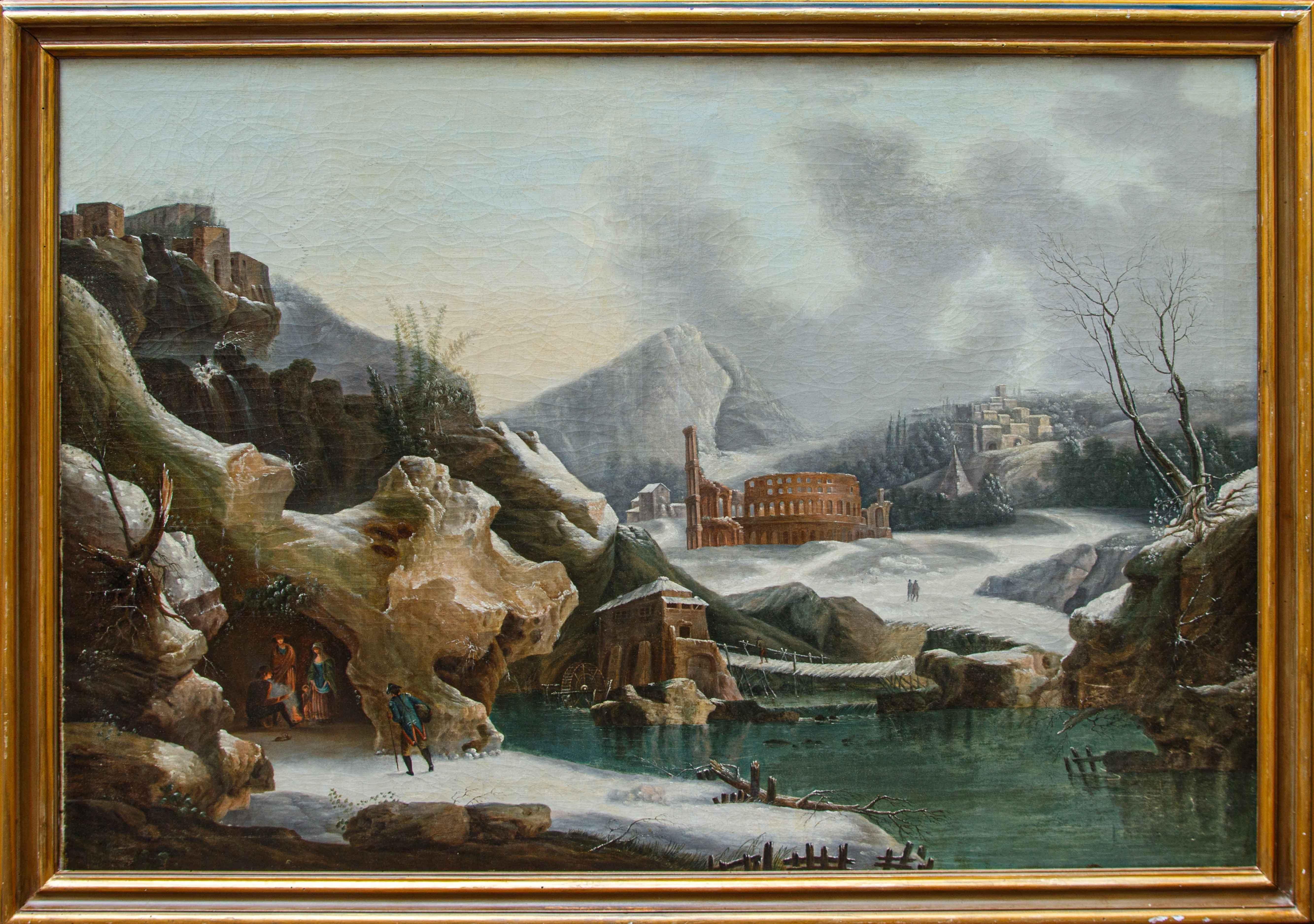 Landscape Painting  Francesco Foschi (ancona, 1710 - Rome, 1780)  - Fantastique vue hivernale peinte par Francesco Foschi