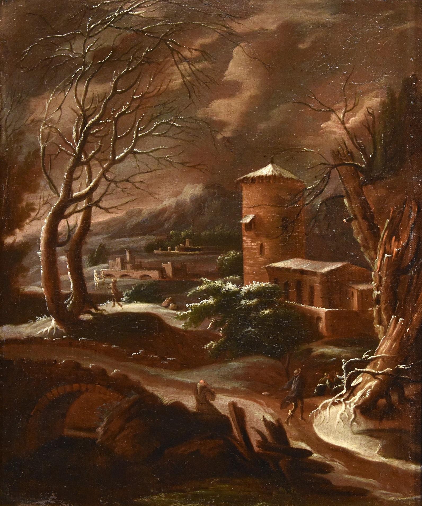 Winter Landscape Foschi Paint 18th CEntury Paint Oil on canvas Old master Italy - Painting by  Francesco Foschi (ancona, 1710 - Rome, 1780) 