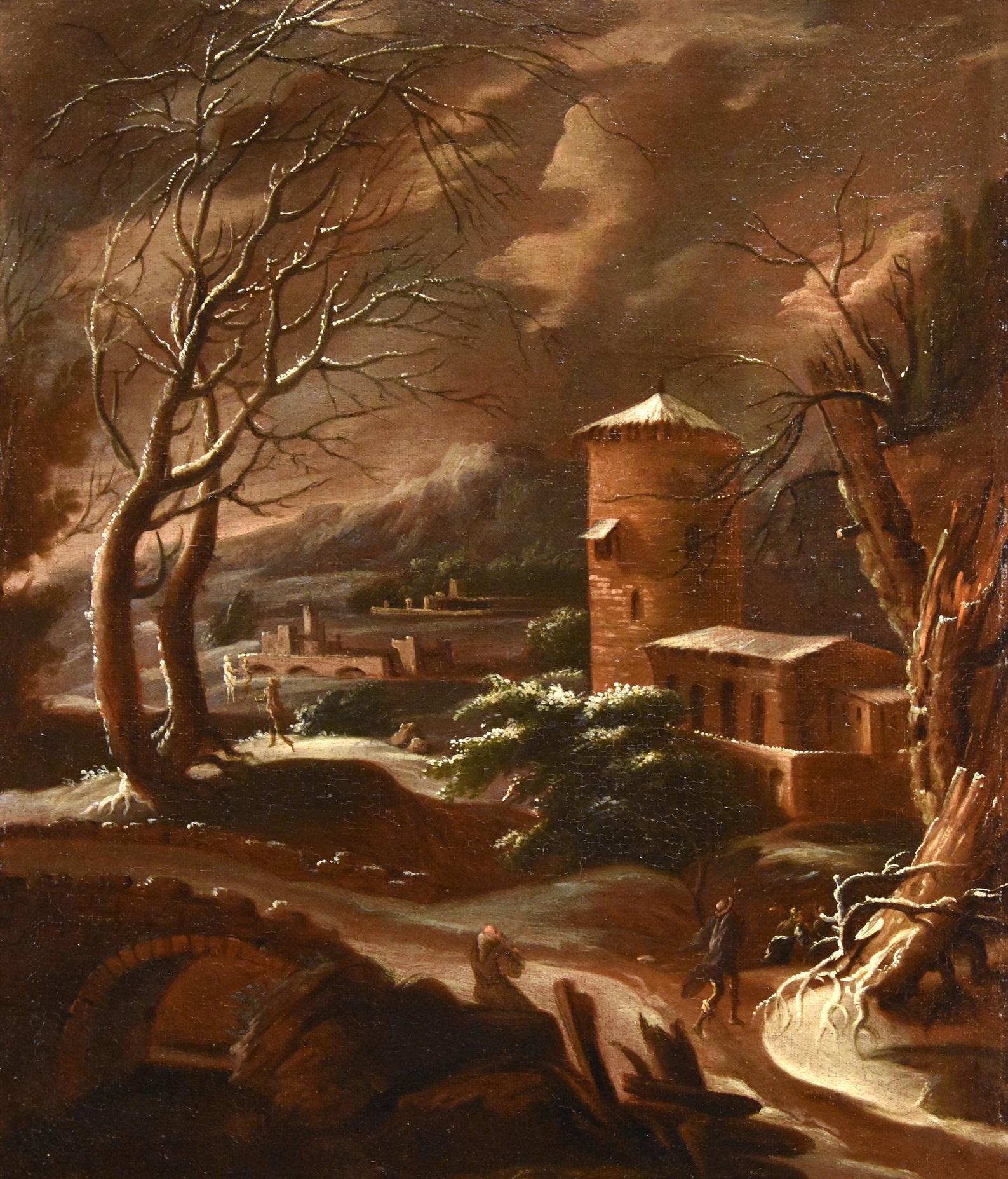 Winter Landscape Foschi Paint 18th CEntury Paint Oil on canvas Old master Italy - Old Masters Painting by  Francesco Foschi (ancona, 1710 - Rome, 1780) 