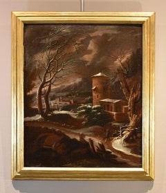 Antique Winter Landscape Foschi Paint 18th CEntury Paint Oil on canvas Old master Italy