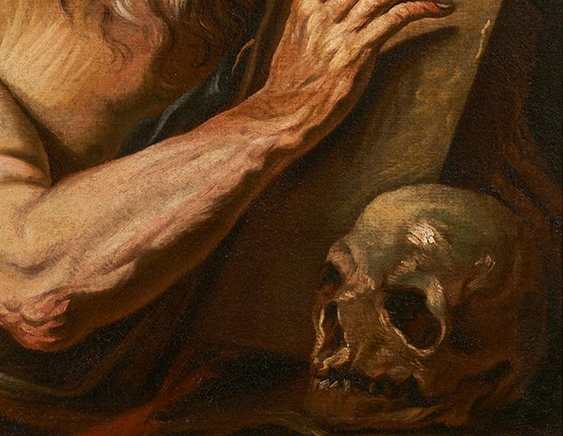 17. Jahrhundert Heiliger Hieronymus Francesco Fracanzano Heiliger Schädel Öl auf Leinwand Rot  im Angebot 1