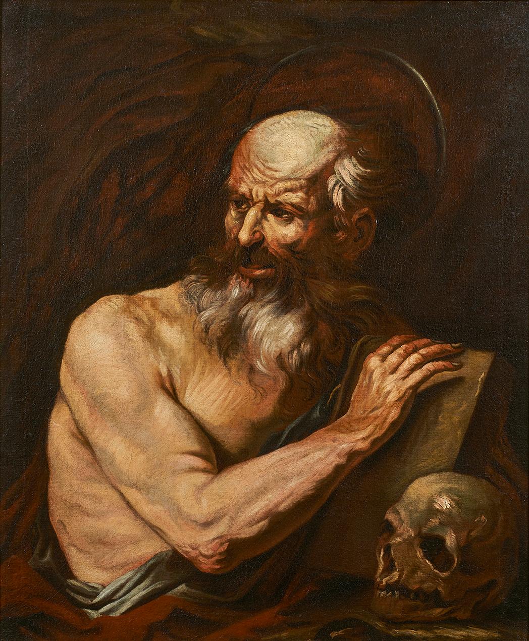 17th Century Saint Jerome Francesco Fracanzano Saint Skull Oil on Canvas Red  For Sale 4
