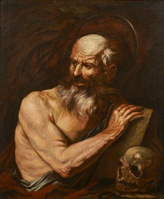 Antique 17th Century Saint Jerome Francesco Fracanzano Saint Skull Oil on Canvas Red 