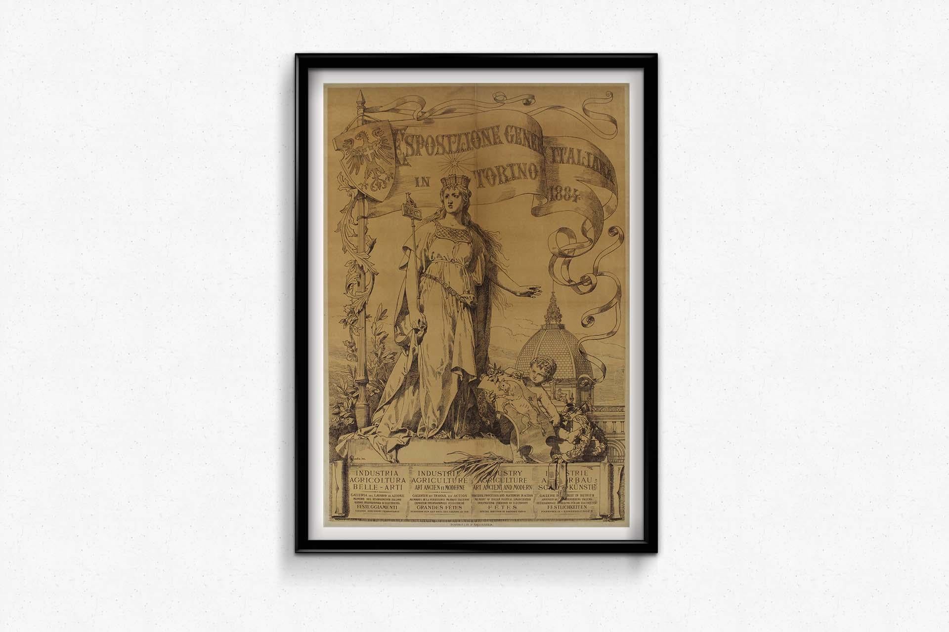 Das Originalplakat für die Esposizione Generale Italiana (Allgemeine Italienische Ausstellung) in Turin wurde 1884 von dem erfahrenen Künstler Francesco Gamba geschaffen und ist ein bemerkenswertes Kunstwerk, das die kulturellen und industriellen