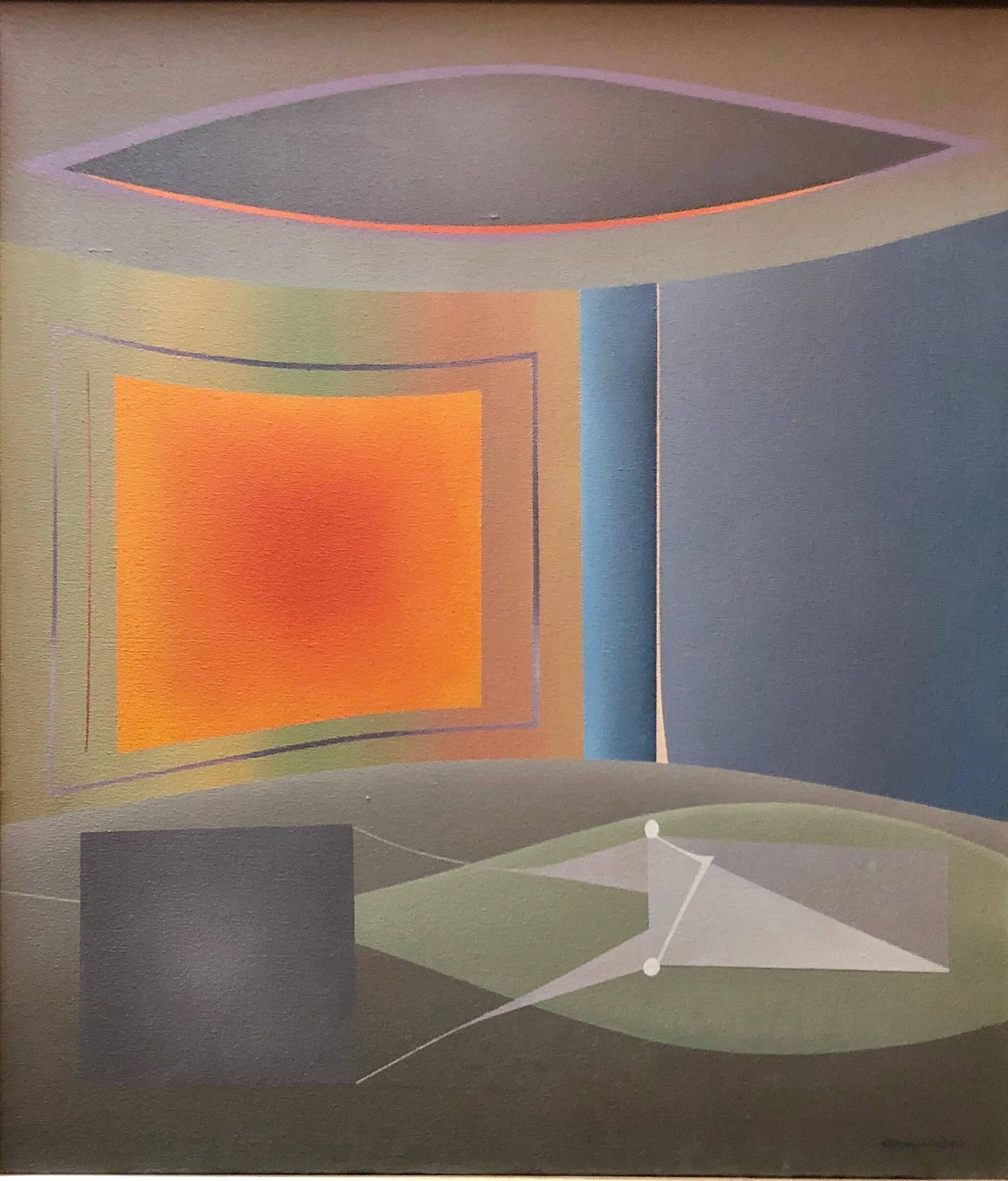 Francesco Gennaro Abstract Painting -  Abstract Geometric Italian Futurist Oil Painting Galleria Schneider Stamp