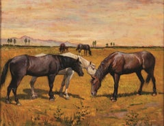 Horses Grazing - Original Oil on Canvas by F. Gioli - Early 1900