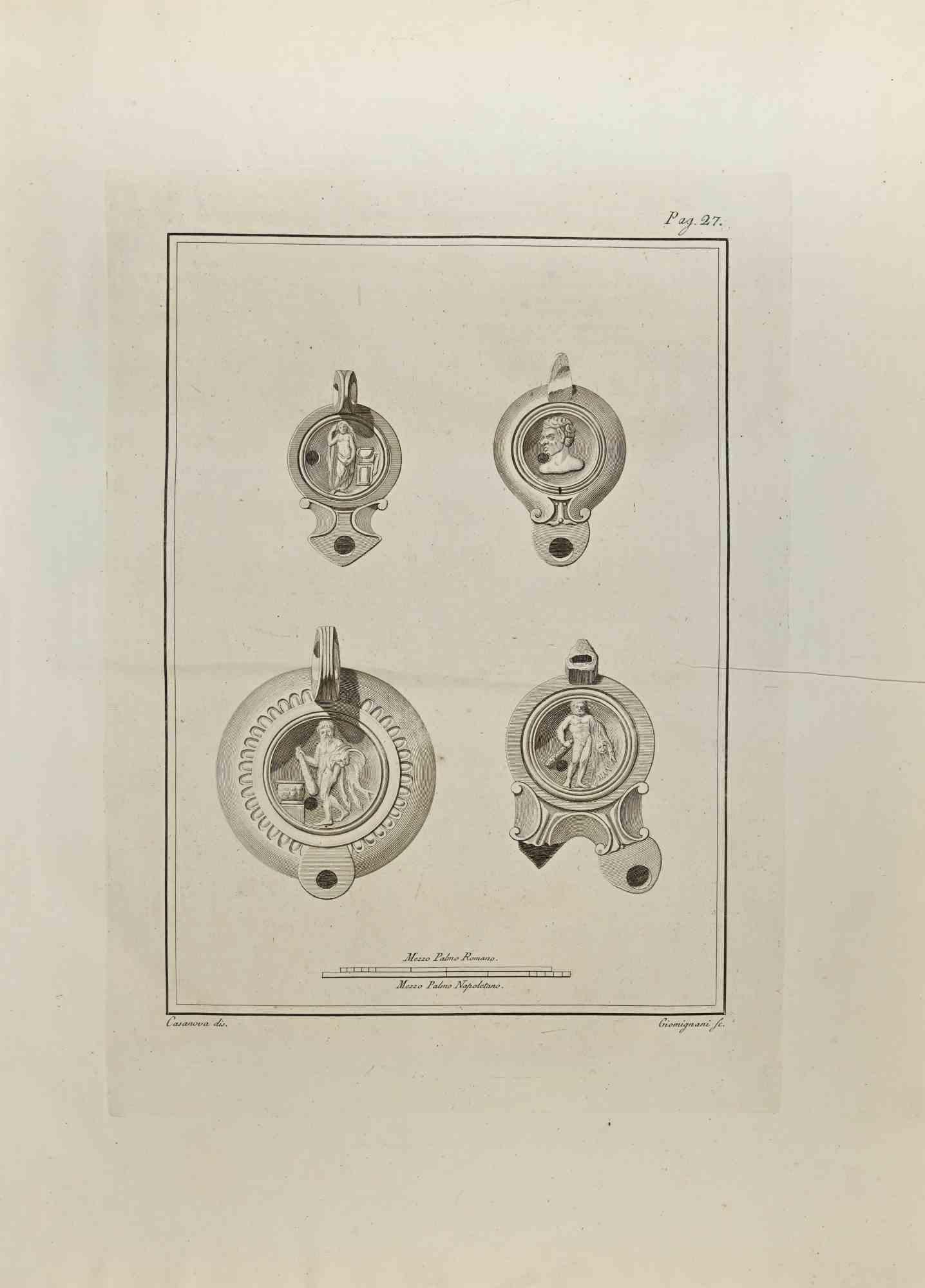 Hercules on Oil Lamp from "Antiquities of Herculaneum" is an etching on paper realized by Francesco Giomignani in the 18th Century.

Signed on the plate.

Good conditions with some folding.

The etching belongs to the print suite “Antiquities of