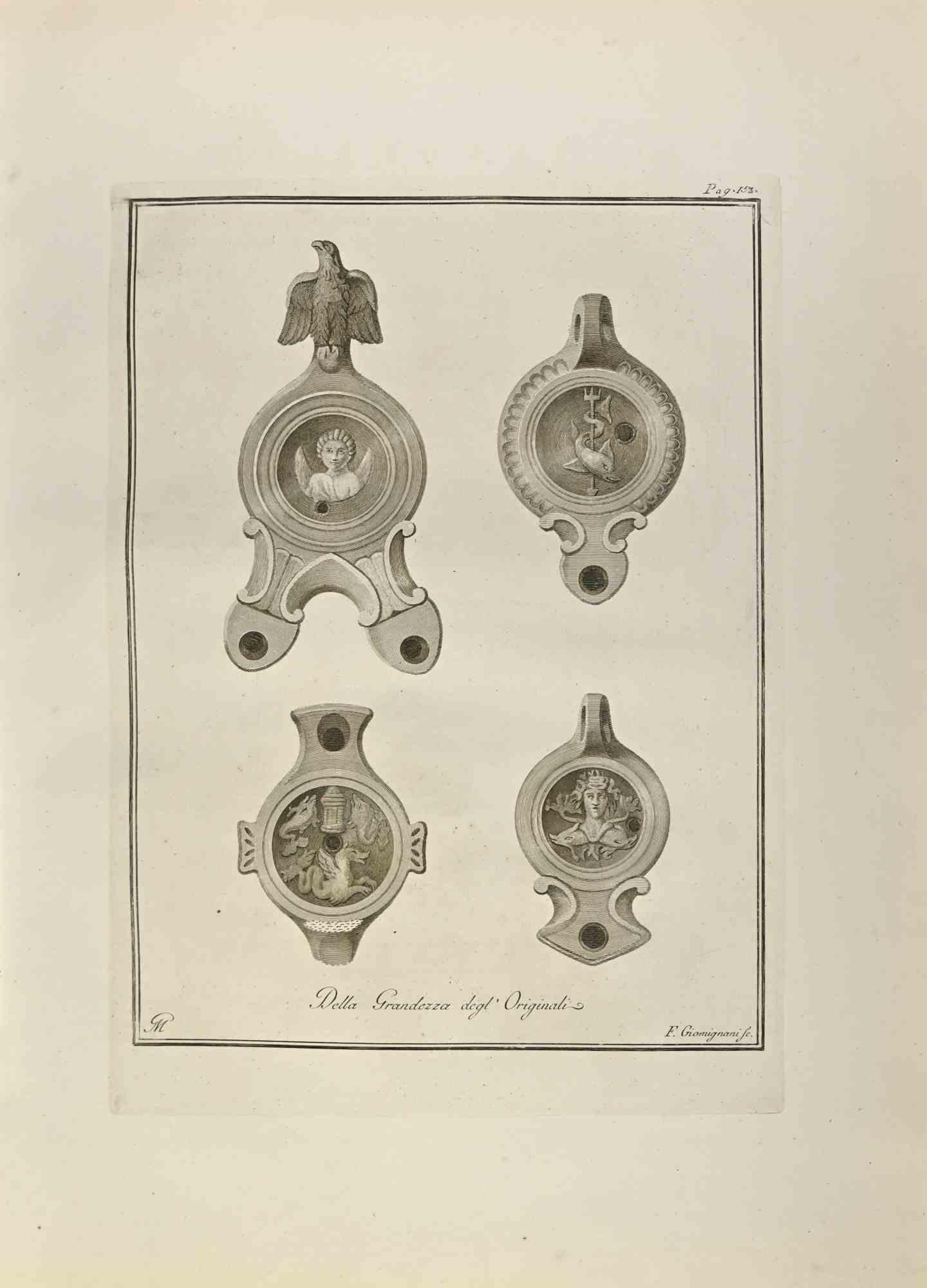 Öllampe  Mit Medusa, Amor und Poseidon aus den "Altertümern von Herculaneum" ist eine Radierung auf Papier von Francesco Giomignani aus dem 18. Jahrhundert.

Signiert auf der Platte.

Gute Bedingungen.

Die Radierung gehört zu der Druckserie