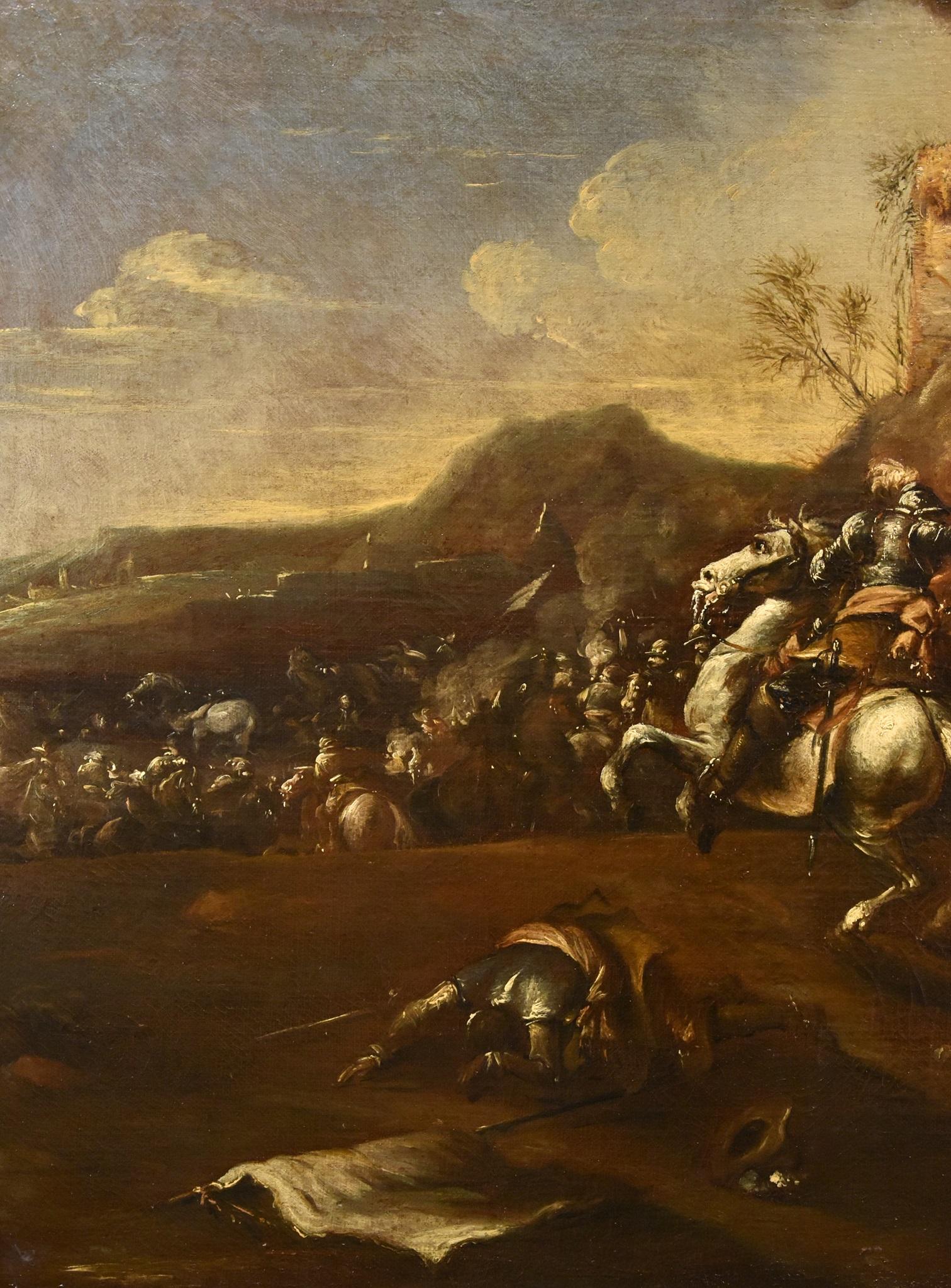 Francesco Graziani, bekannt als Ciccio Napoletano
(tätig in Neapel und Rom in der zweiten Hälfte des 17. Jahrhunderts)

Schlacht mit Zusammenstoß von Reitern

Öl auf Leinwand
95 x 130 cm
In zeitgenössischem Rahmen cm. 114 x 148

Gutachten E.
