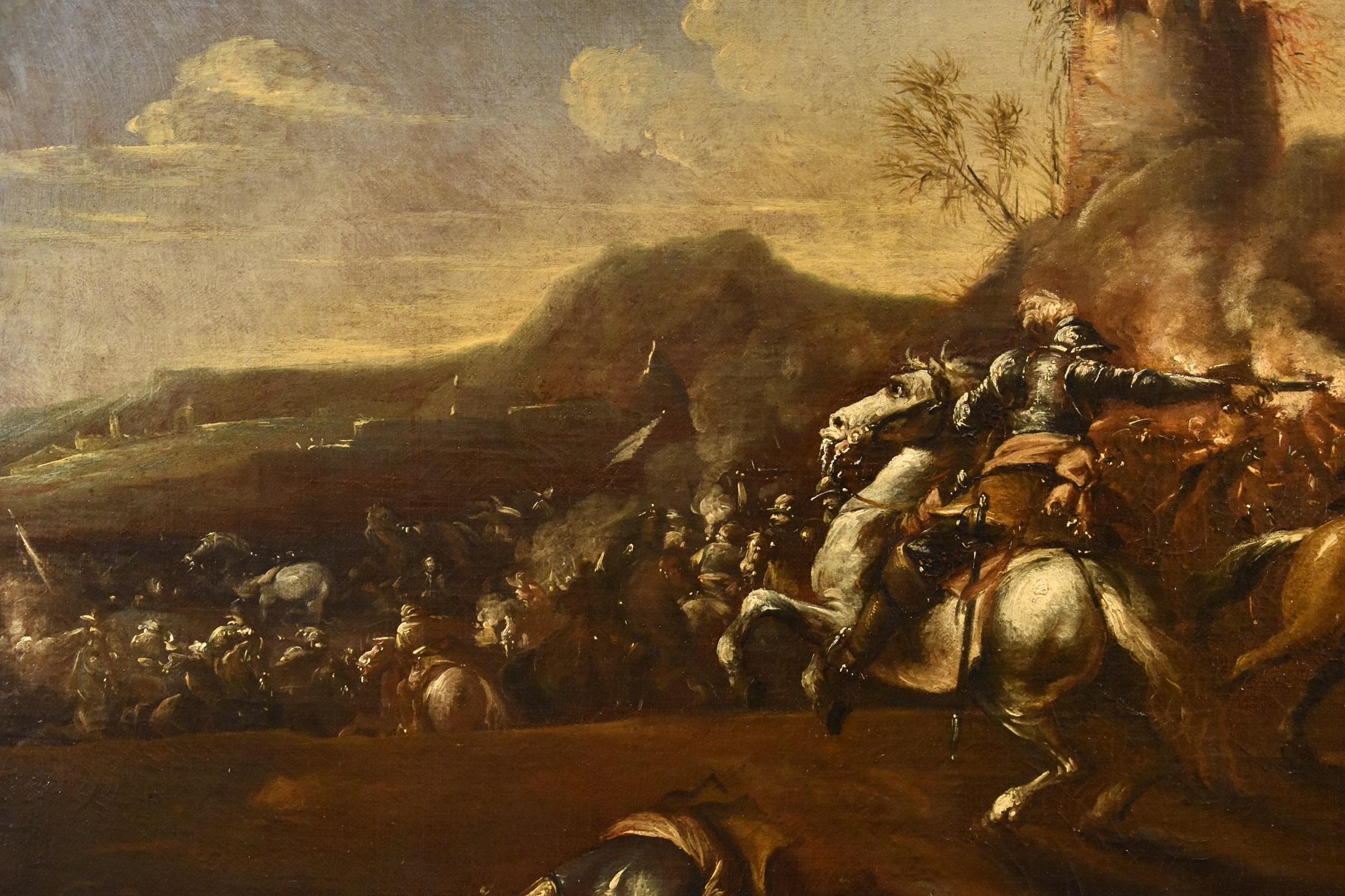 Peinture Graziani huile sur toile 17ème siècle maître ancien chevaux de combat en vente 1