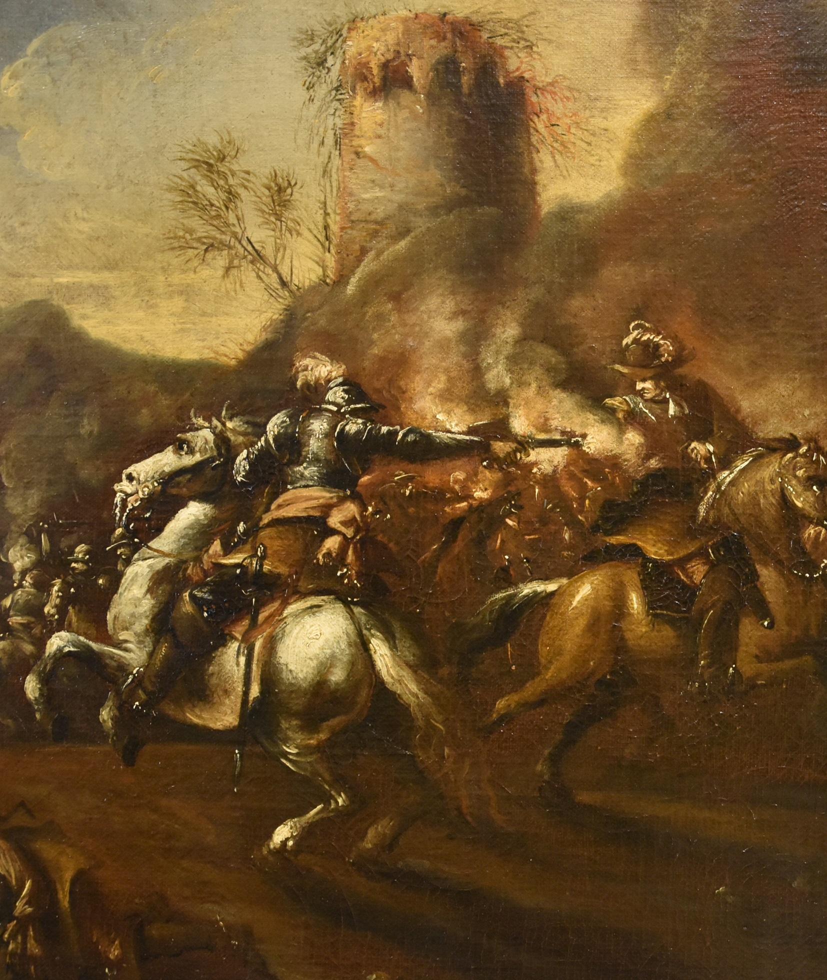 Peinture Graziani huile sur toile 17ème siècle maître ancien chevaux de combat en vente 5