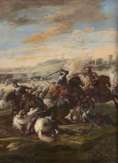17th Century Battle Francesco Graziani Called Ciccio Horses Oil on Canvas 