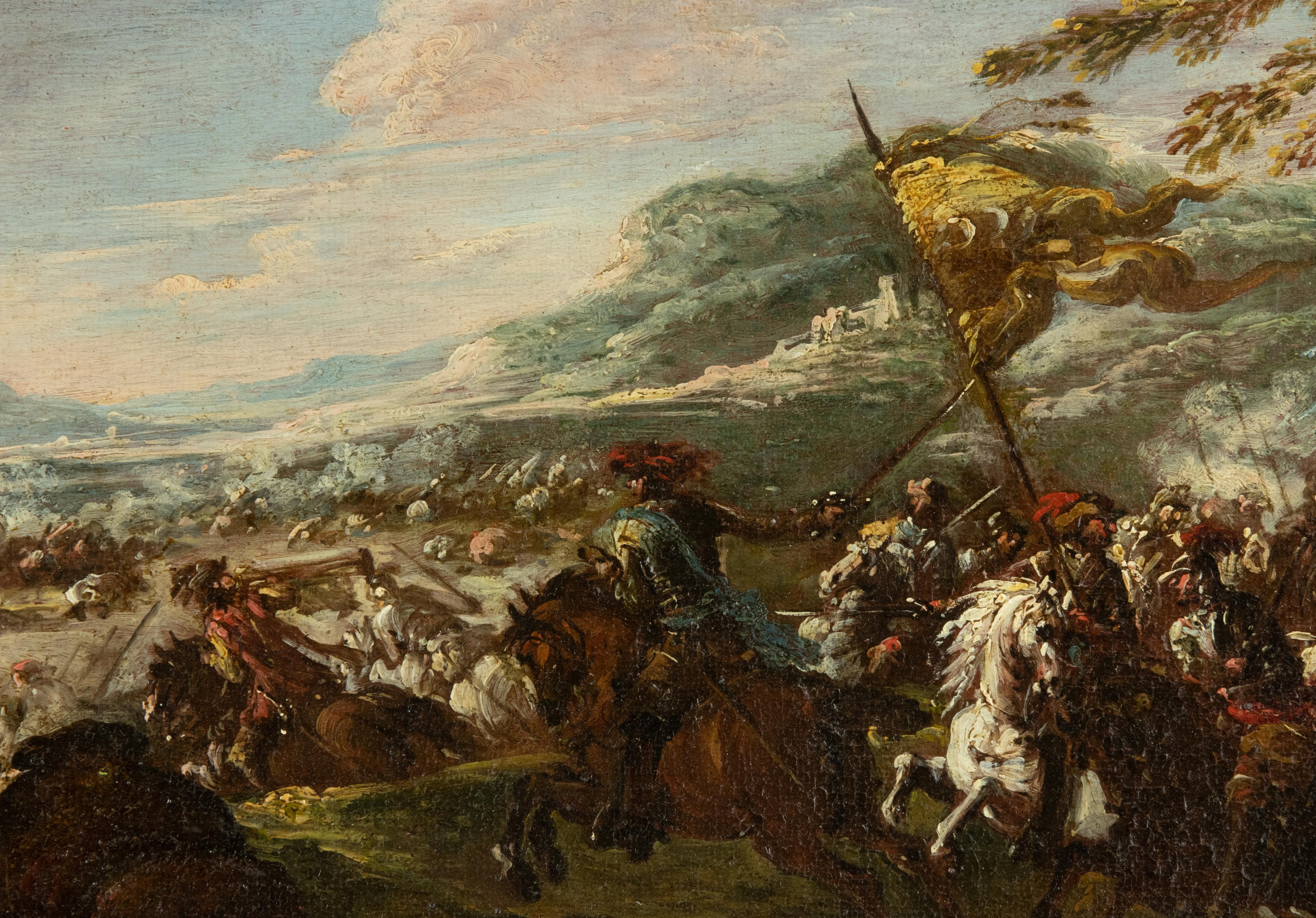 Batalla de caballerías - Pintura al óleo de F. Graziani (Ciccio Napoletano) - Finales de 1600 - Figurative Painting Negro de Francesco Graziani