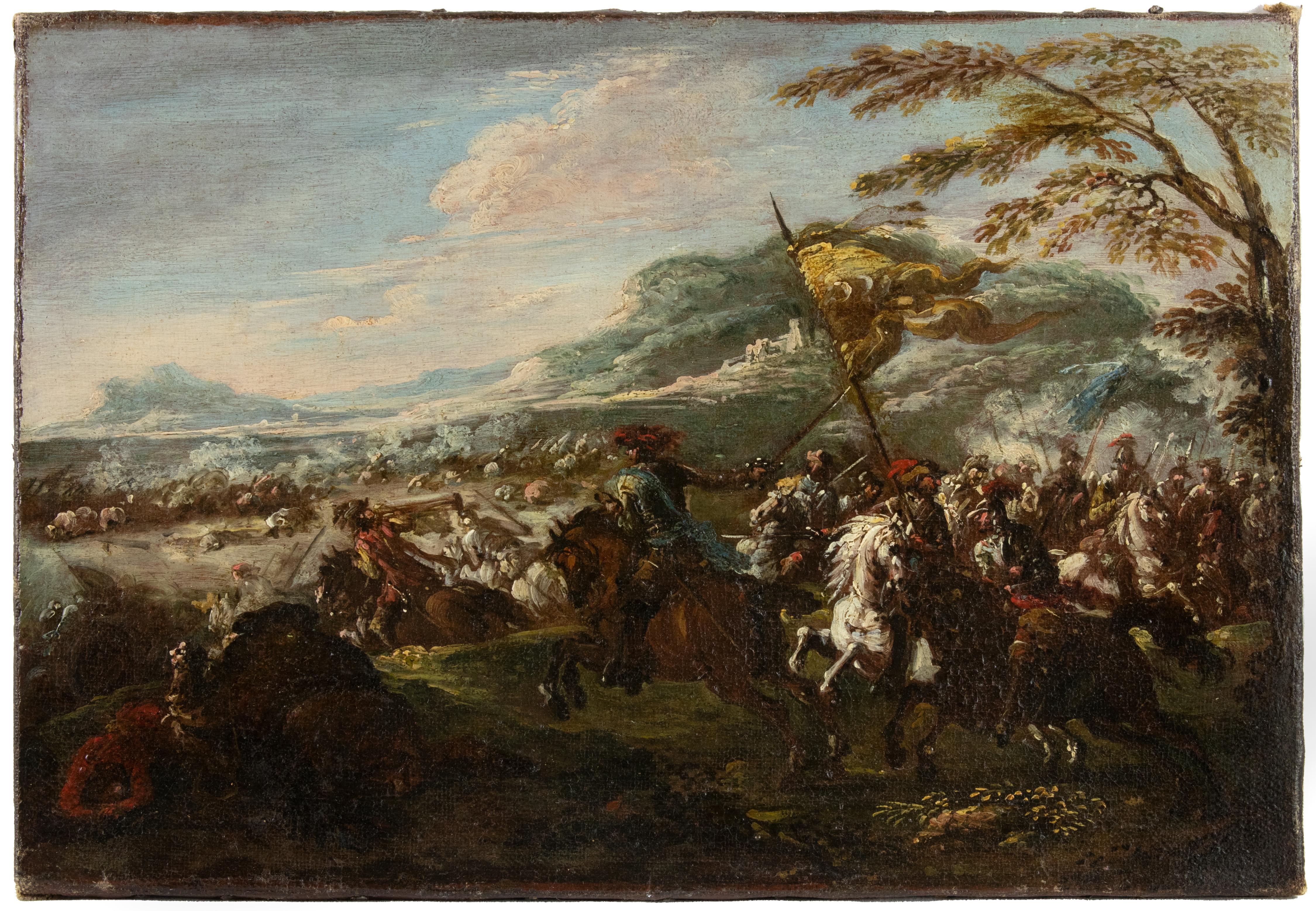 Figurative Painting de Francesco Graziani - Batalla de caballerías - Pintura al óleo de F. Graziani (Ciccio Napoletano) - Finales de 1600
