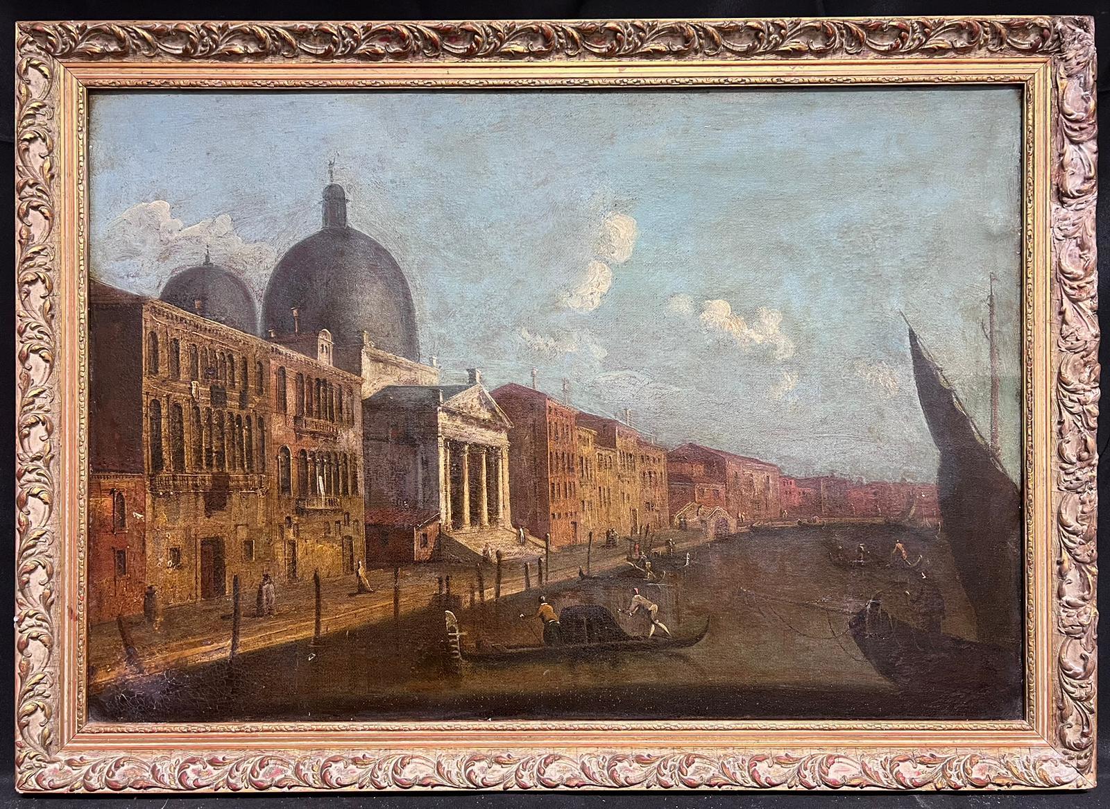 Large 18th Century Italian Oil Painting Venice Canal Many Buildings & Figures - Gray Landscape Painting by Francesco Guardi