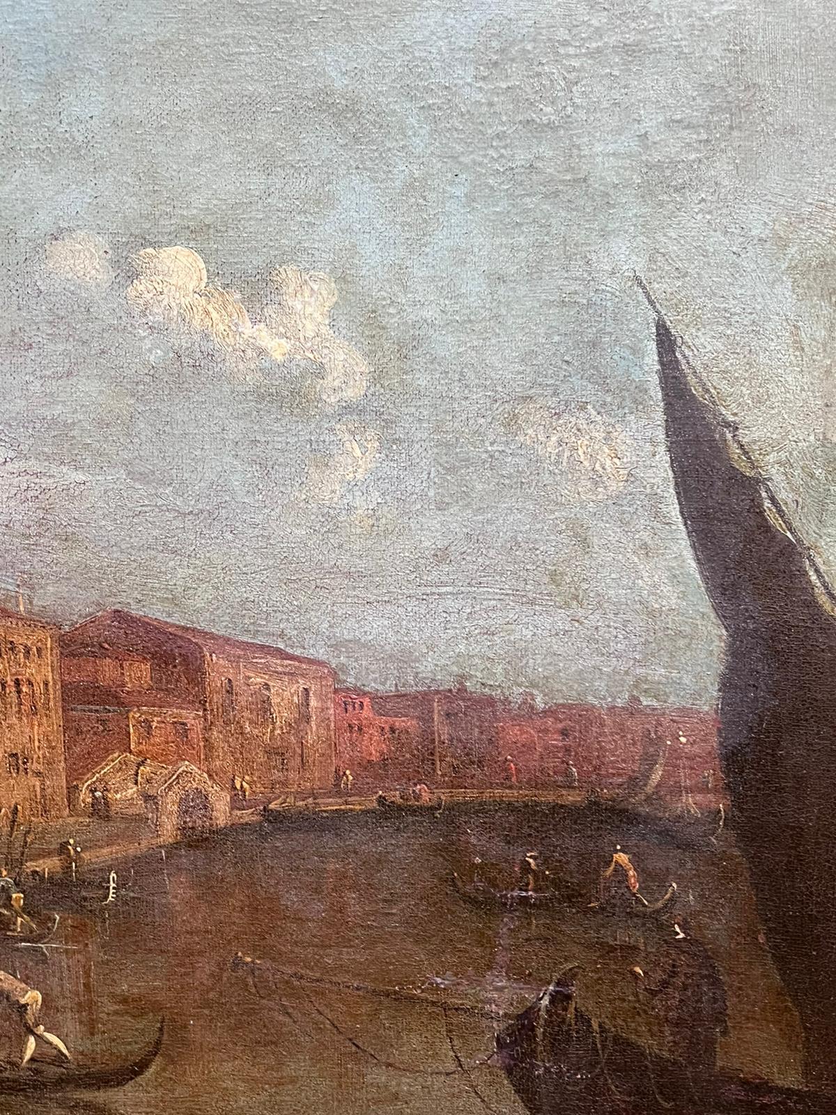 Large 18th Century Italian Oil Painting Venice Canal Many Buildings & Figures For Sale 1