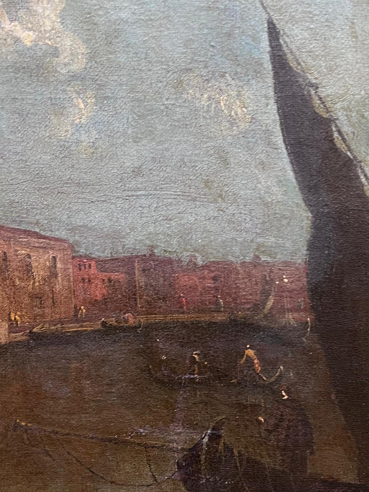 Large 18th Century Italian Oil Painting Venice Canal Many Buildings & Figures For Sale 2