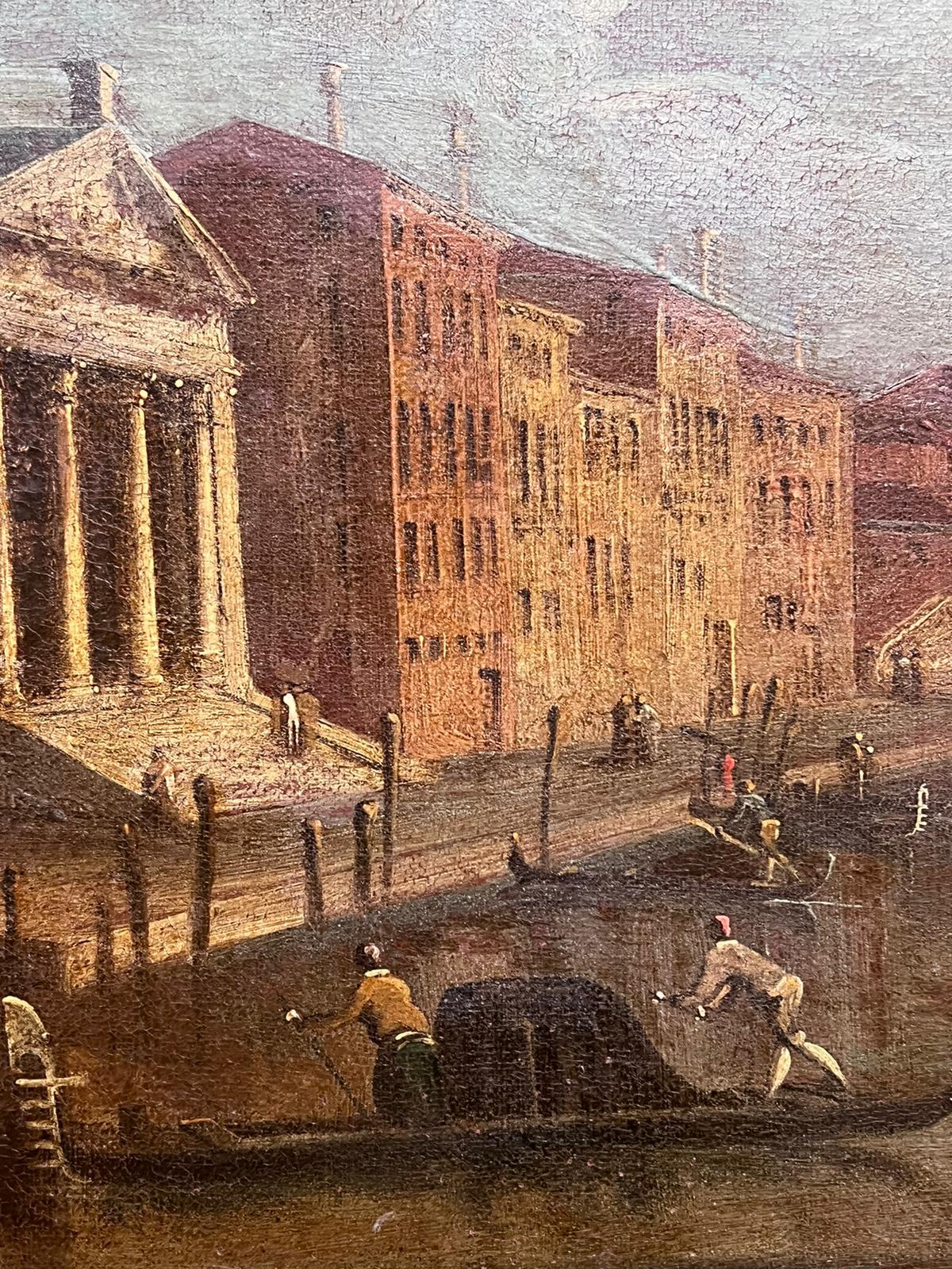 Large 18th Century Italian Oil Painting Venice Canal Many Buildings & Figures For Sale 5
