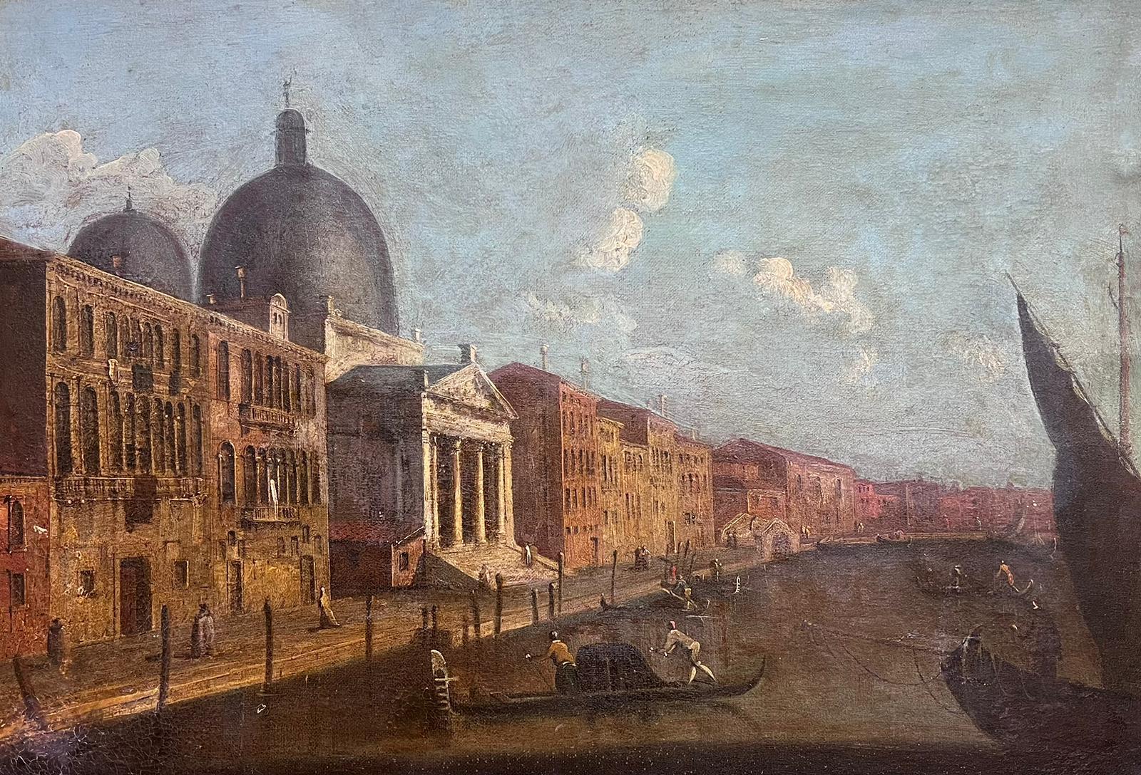Grande peinture à l'huile italienne du XVIIIe siècle, Canal de Venise, avec de nombreux bâtiments et personnages