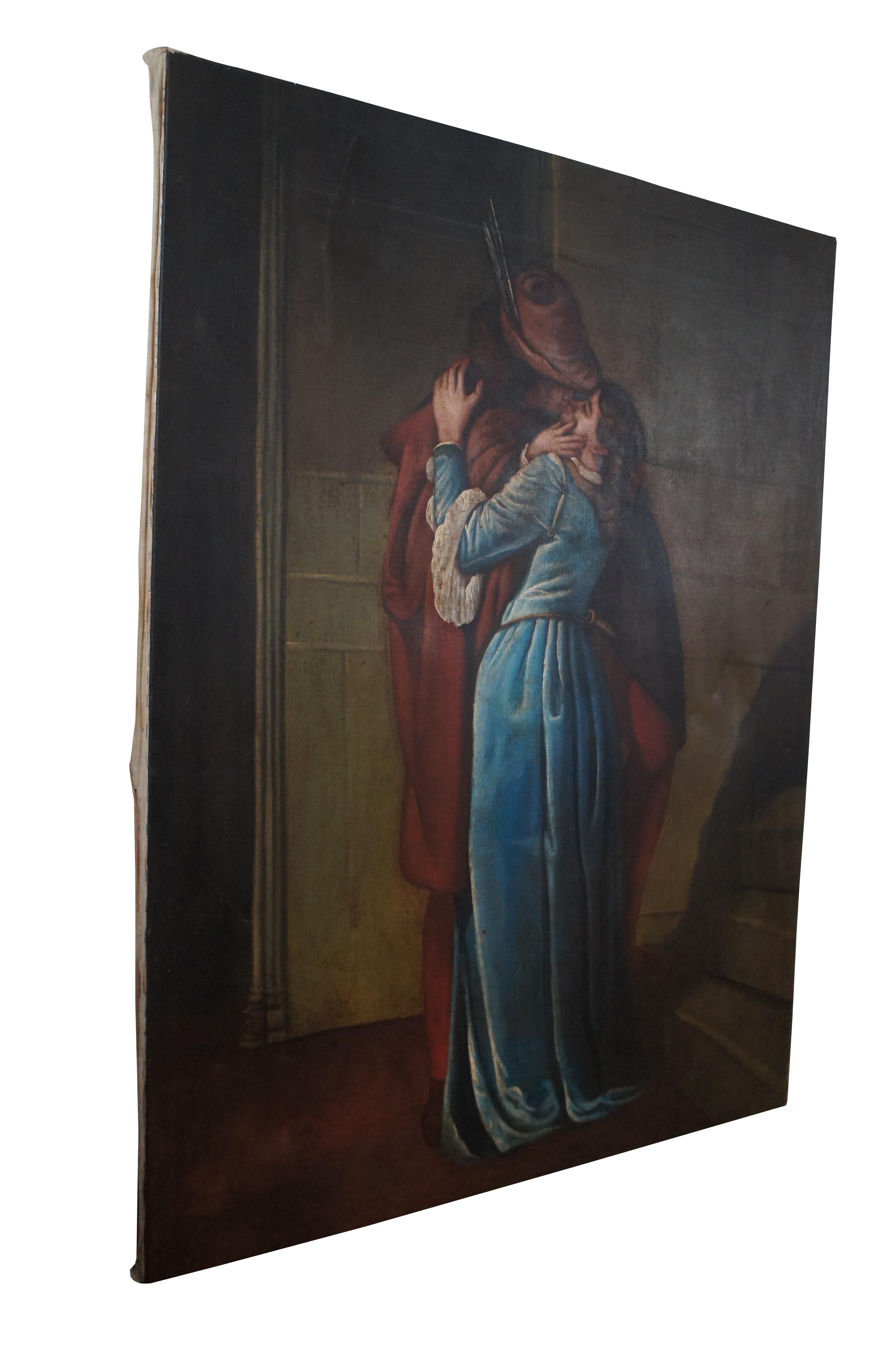 Vintage reproduction painting on linen by Hidalgo featuring The Kiss by Francesco Heyez.

Il bacio (Italian pronunciation: [il ˈbaːtʃo]; The Kiss) is an 1859 painting by the Italian artist Francesco Hayez. It is possibly his best-known work. This