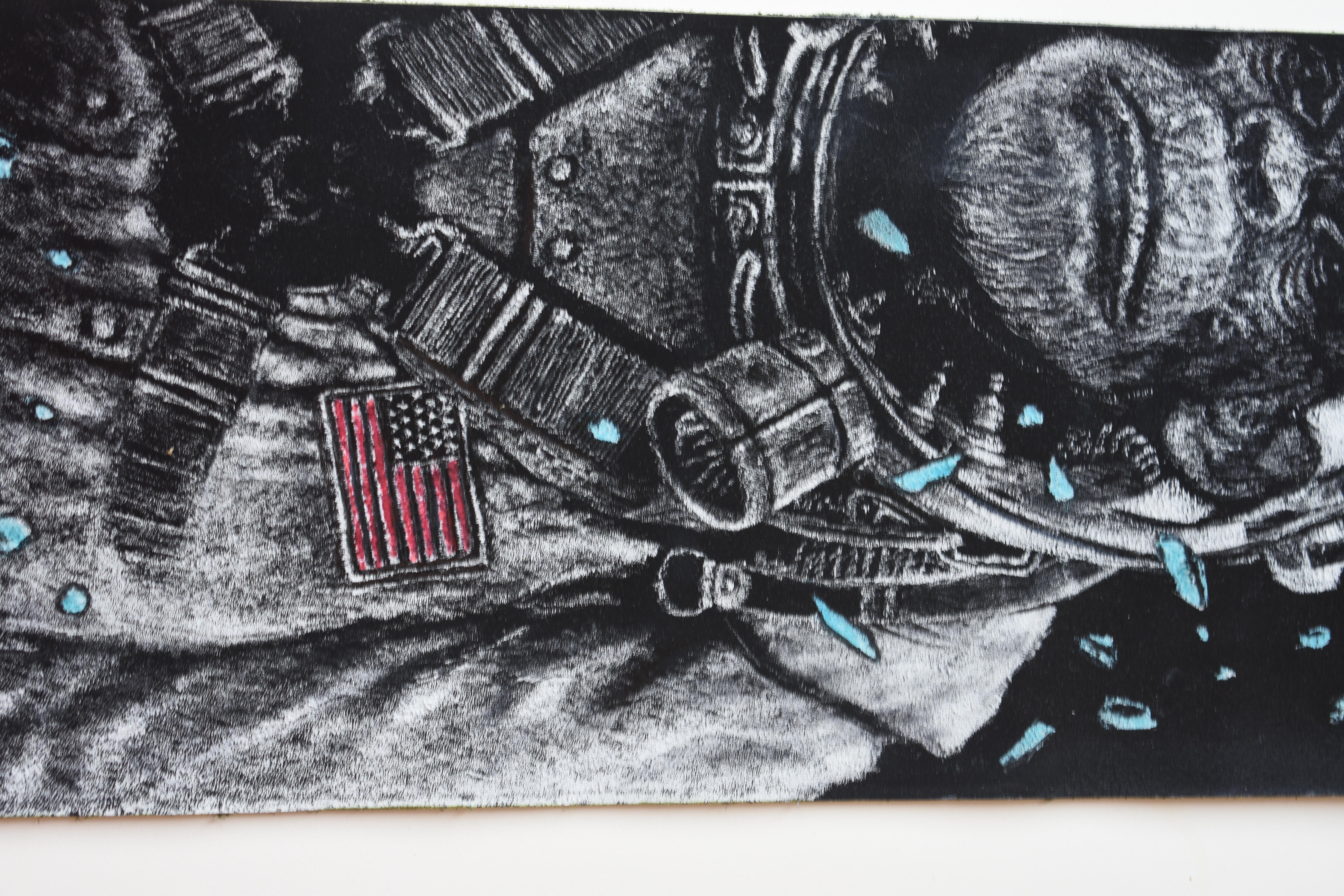 Blending street culture, science fiction, and Italian fine art craftsmanship, Monkey in Space is a one-of-a-kind 30 x 8 inch microetched leather work by Francesco La Rosa. Shaped like a skateboard deck, the piece features a striking depiction of an