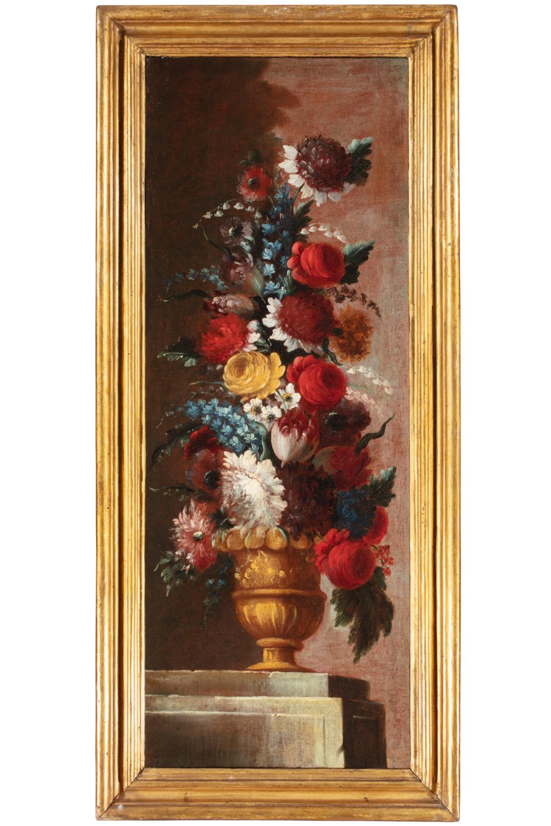 18th Century by Francesco Lavagna Pair of Flower Vases Oil on Canvas  - Painting by Francesco Lavagna (active in Naples in the mid-18th century)