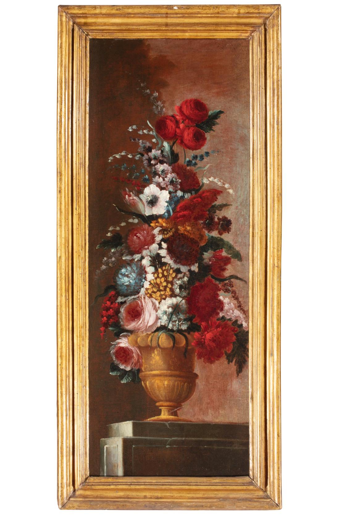 18° secolo di Francesco Lavagna Coppia di vasi di fiori Olio su tela