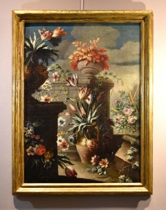 Still Life Flowers Lavagna Paint Oil on canvas 17/18th Century Old master Italy