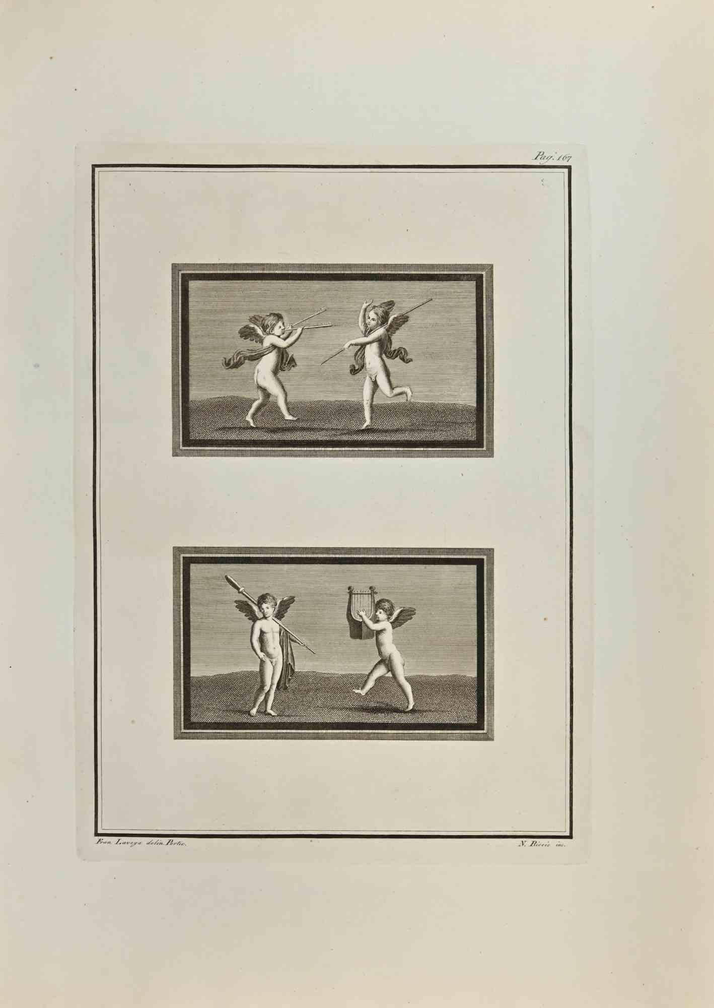 Cupids from "Antiquities of Herculaneum" is an etching on paper realized by Francesco Lavega in the 18th Century.

Signed on the plate.

Good conditions and aged.

The etching belongs to the print suite “Antiquities of Herculaneum Exposed” (original